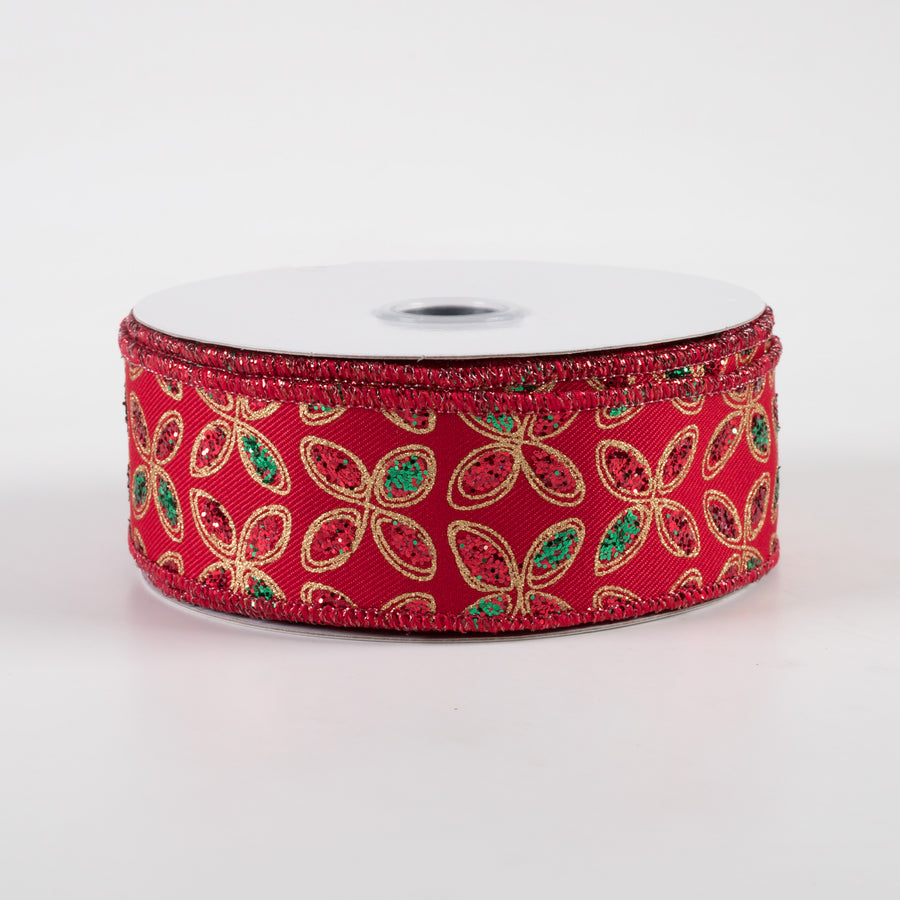 1.5" Quatrefoil Petals Ribbon: Red, Emerald, Gold (10 Yards)