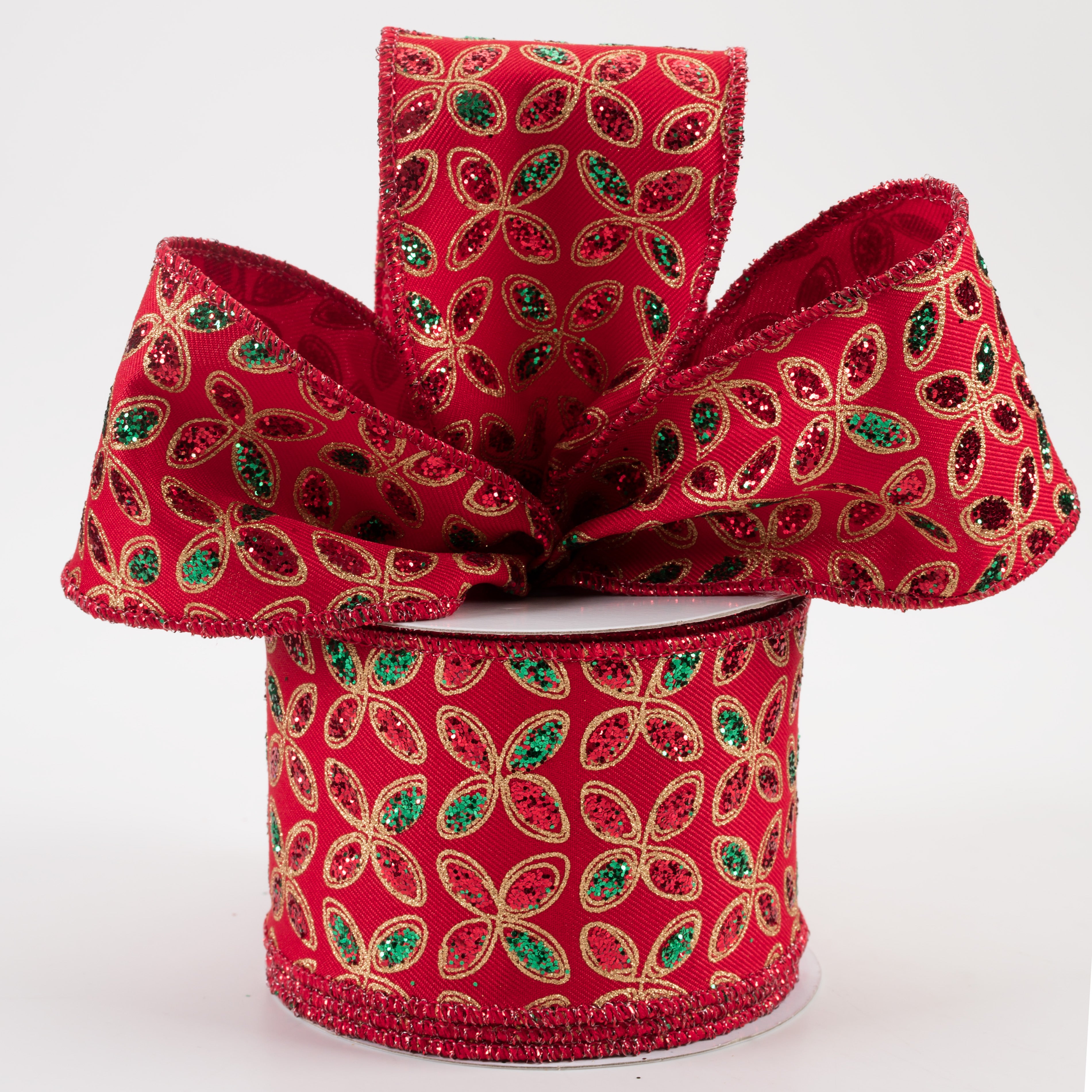 2.5" Quatrefoil Petals Ribbon: Red, Emerald, Gold (10 Yards) Lifestyle Photo