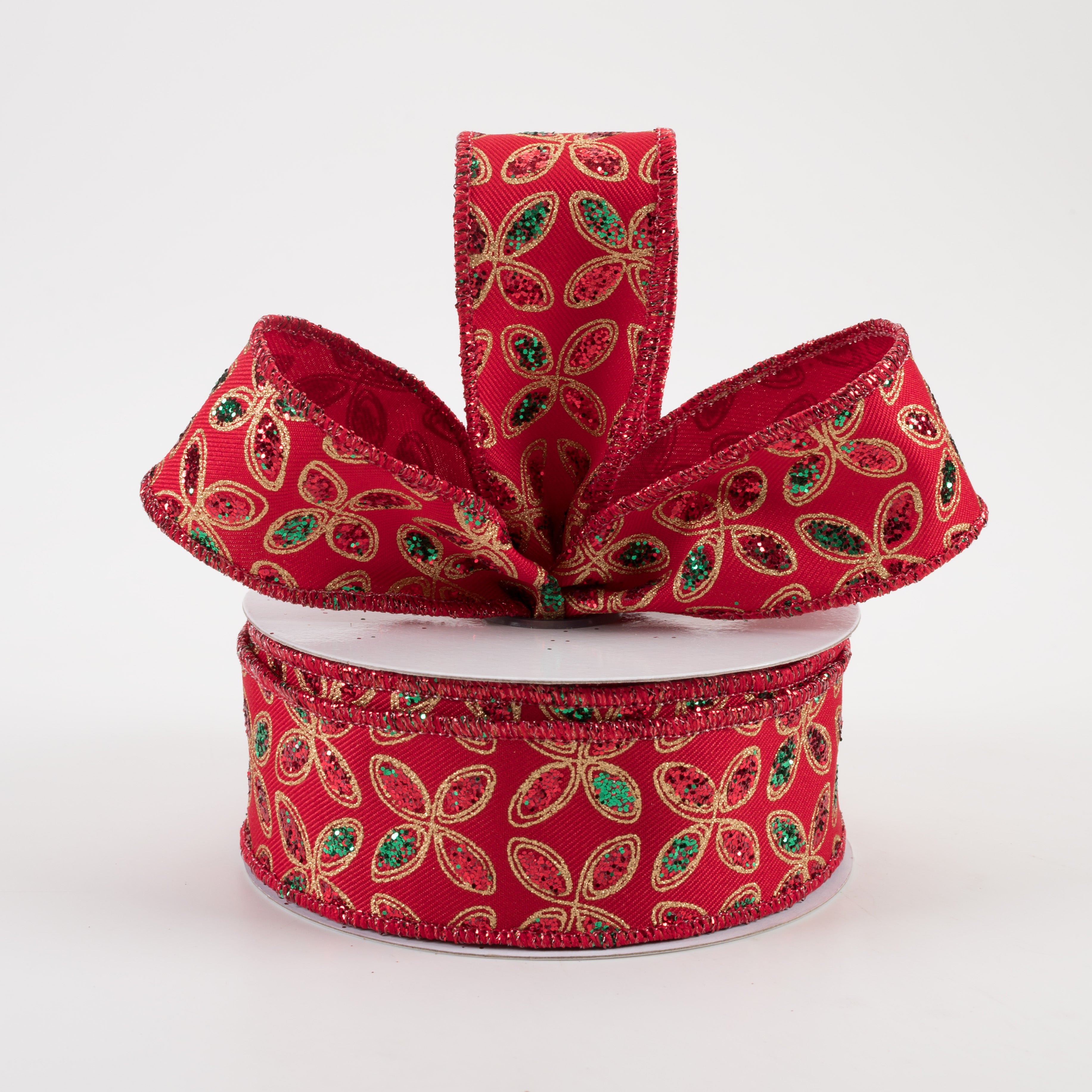 1.5" Quatrefoil Petals Ribbon: Red, Emerald, Gold (10 Yards) Lifestyle Photo