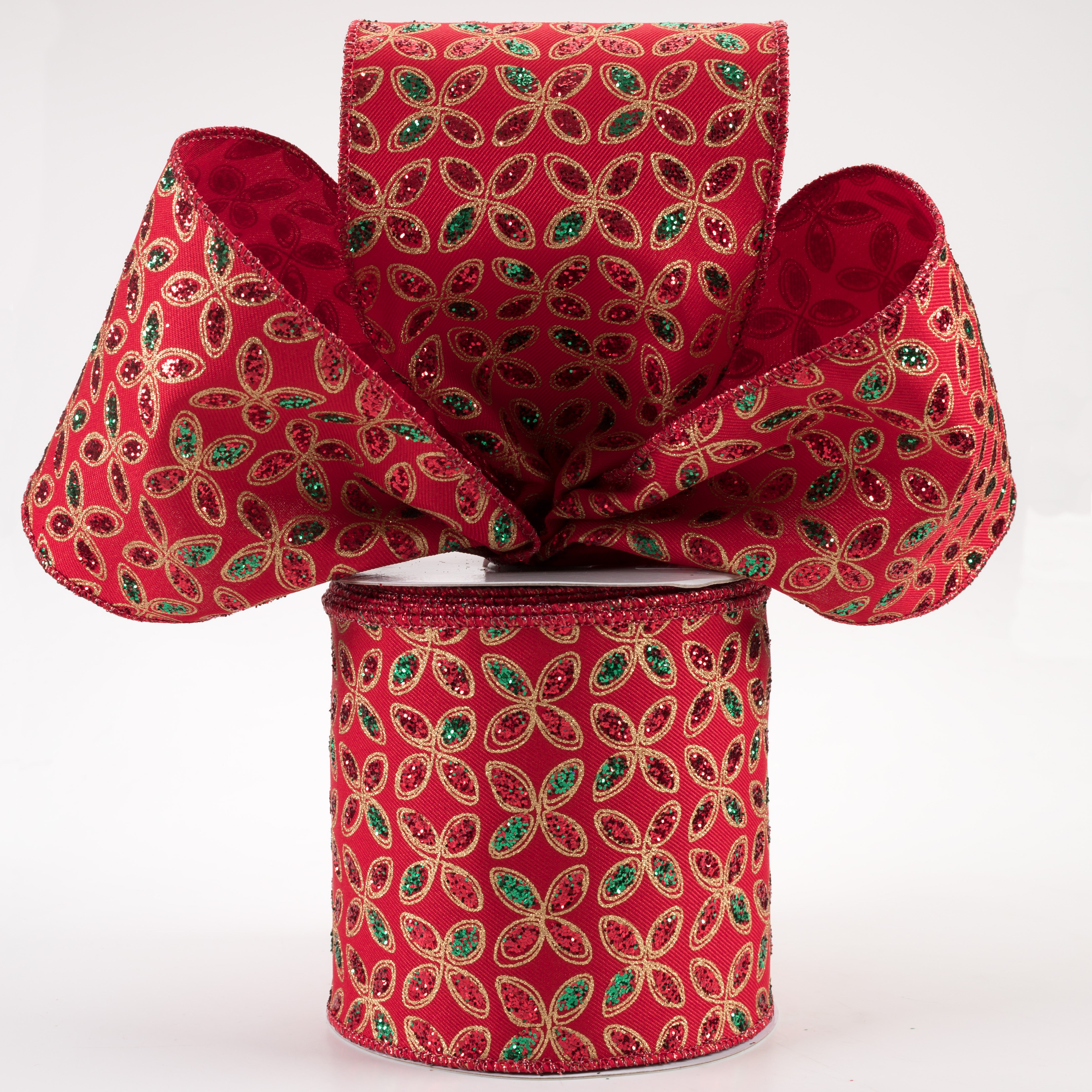 4" Quatrefoil Petals Ribbon: Red, Emerald, Gold (10 Yards) Lifestyle Photo