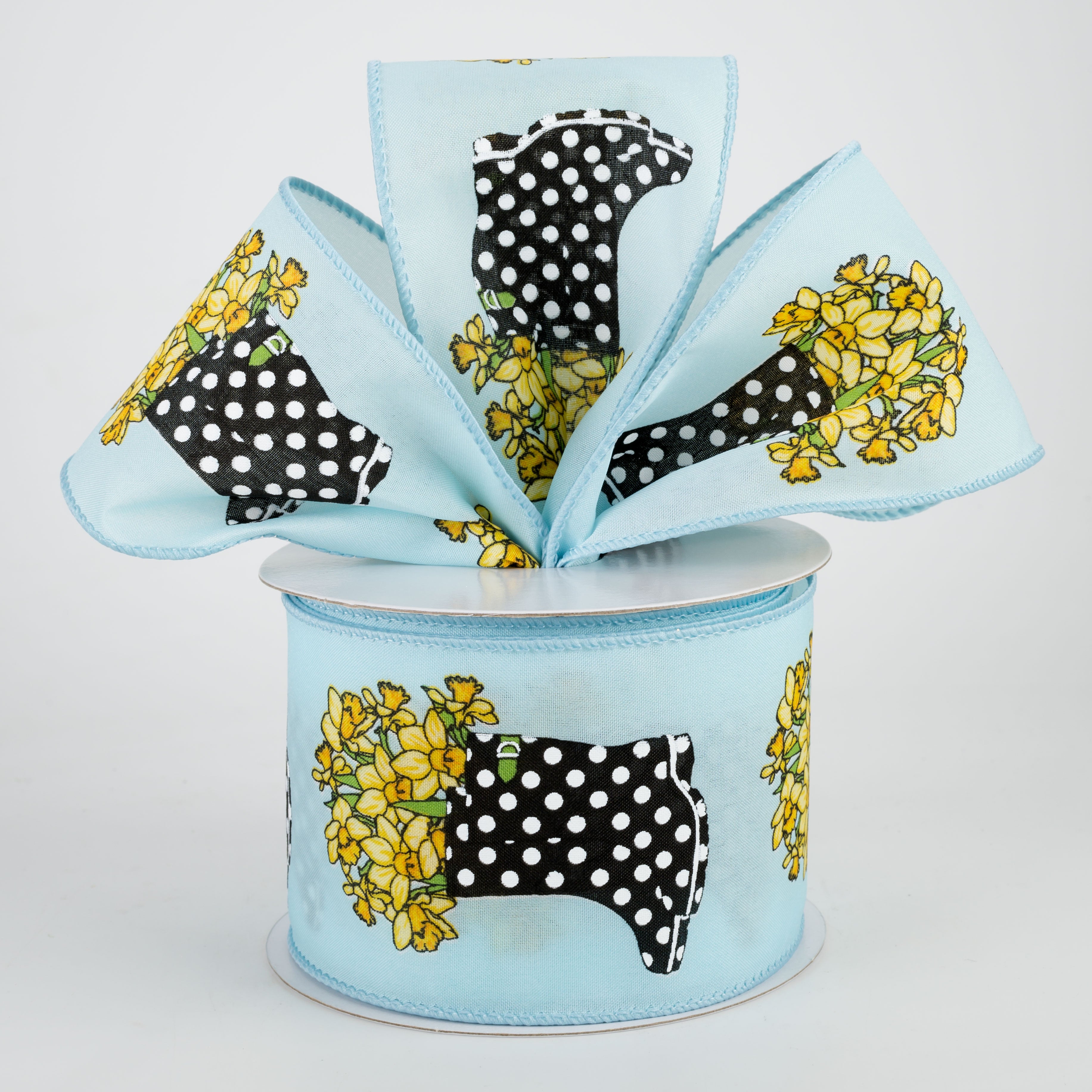 2.5" Rain Boots Daffodil Ribbon: Light Blue (10 Yards) Lifestyle Photo