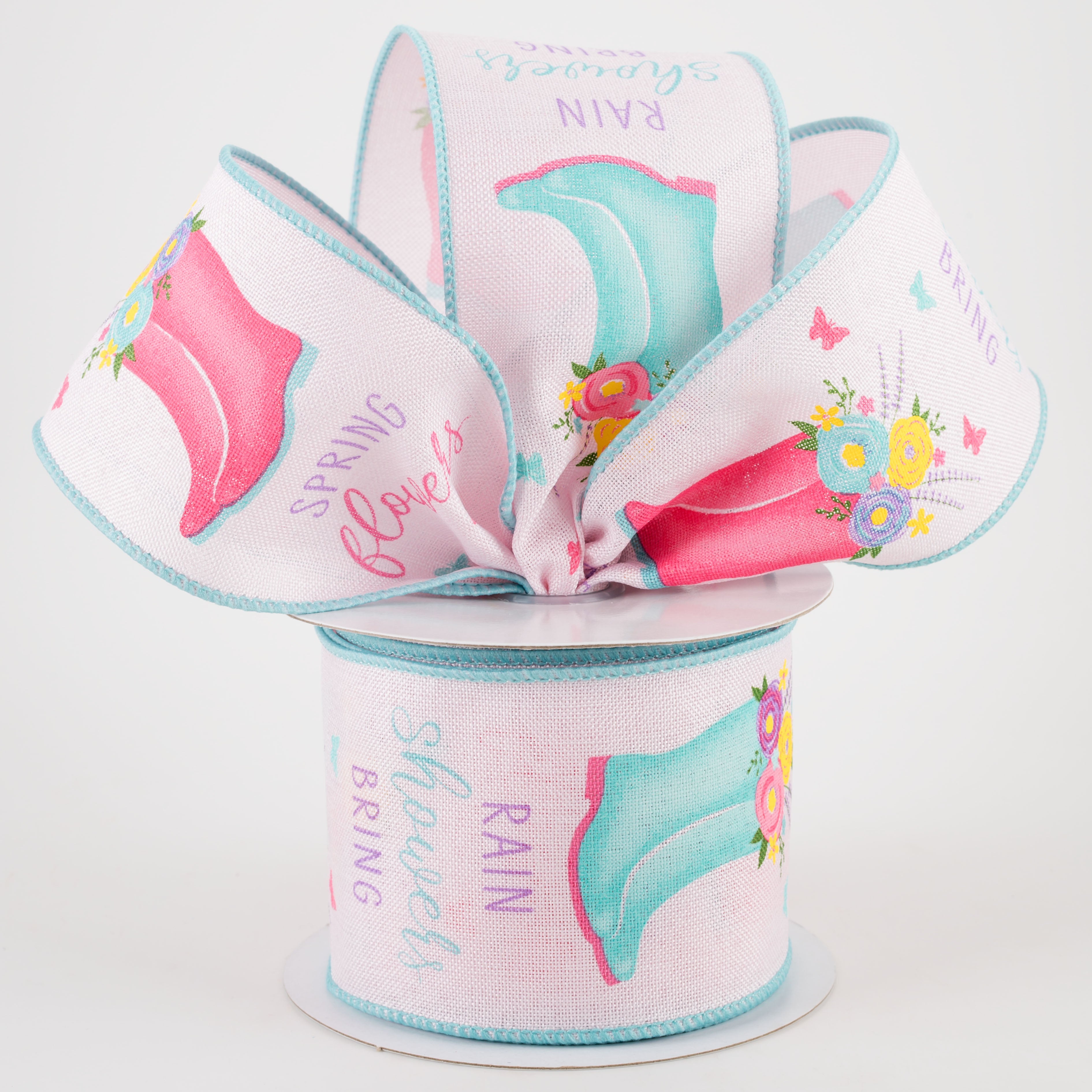 2.5" Rain Boots Floral Ribbon: Pink (10 Yards) Lifestyle Photo