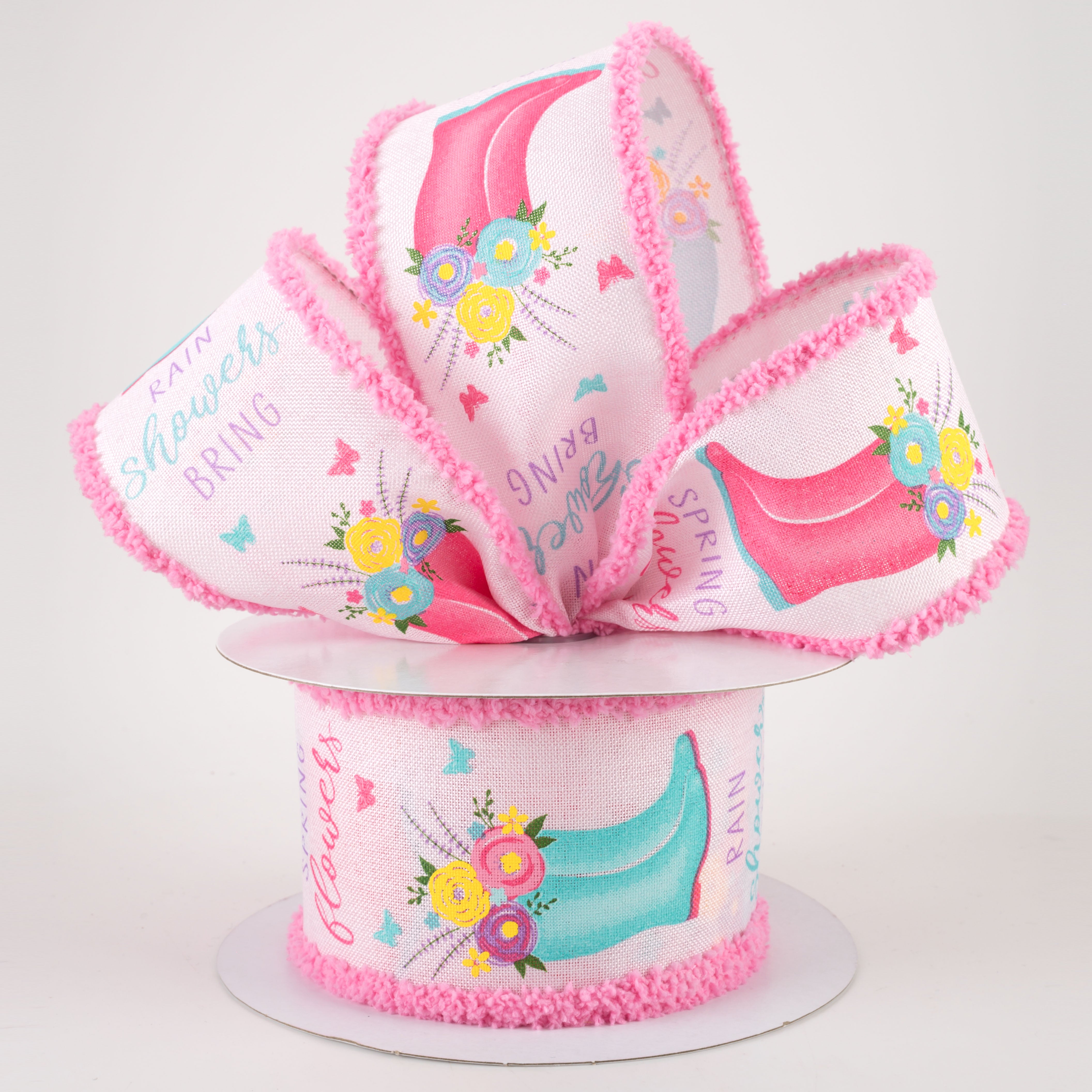 2.5" Rain Boots Floral Ribbon: Pink with Drift Edge (10 Yards) Lifestyle Photo