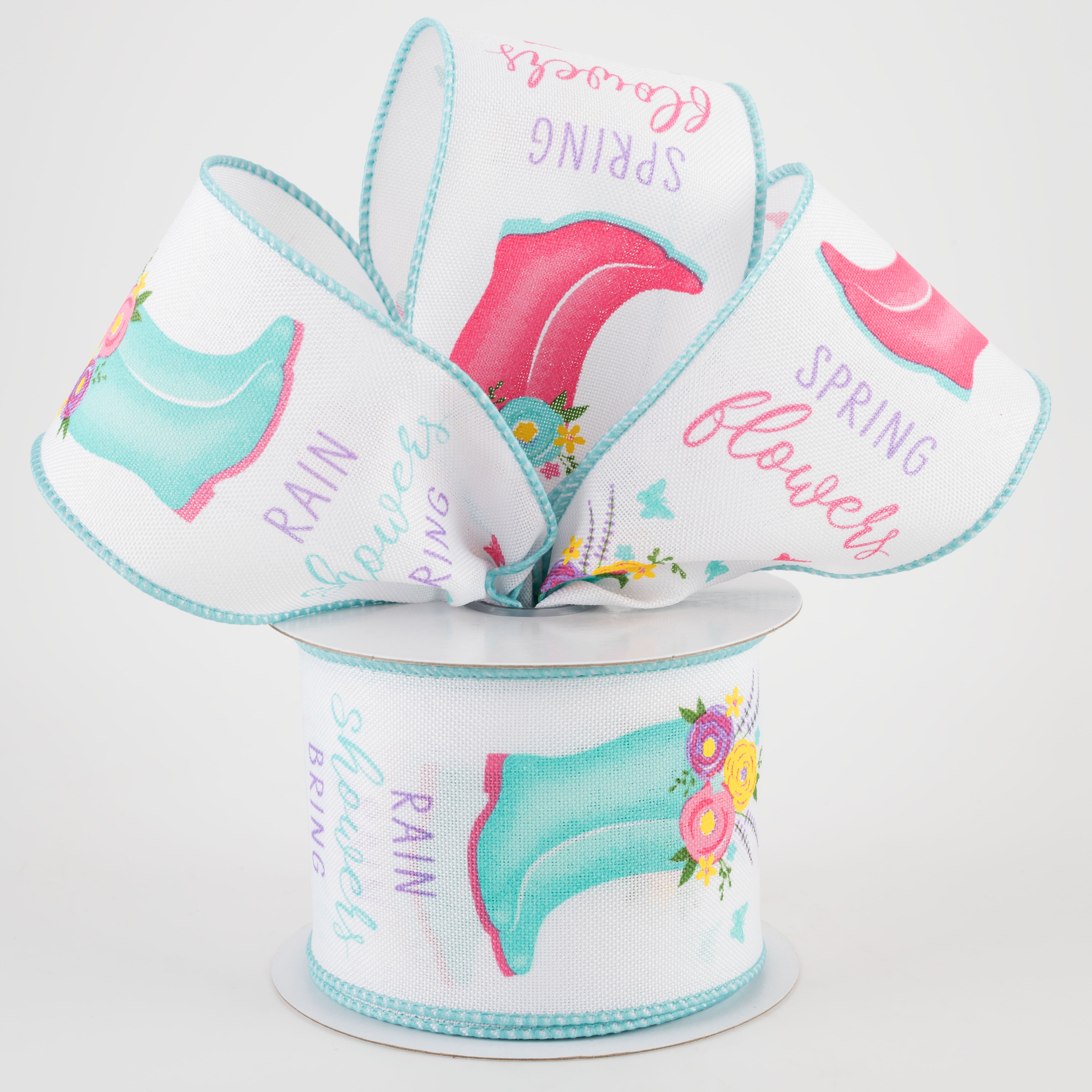 2.5" Rain Boots Floral Ribbon: White (10 Yards) Lifestyle Photo