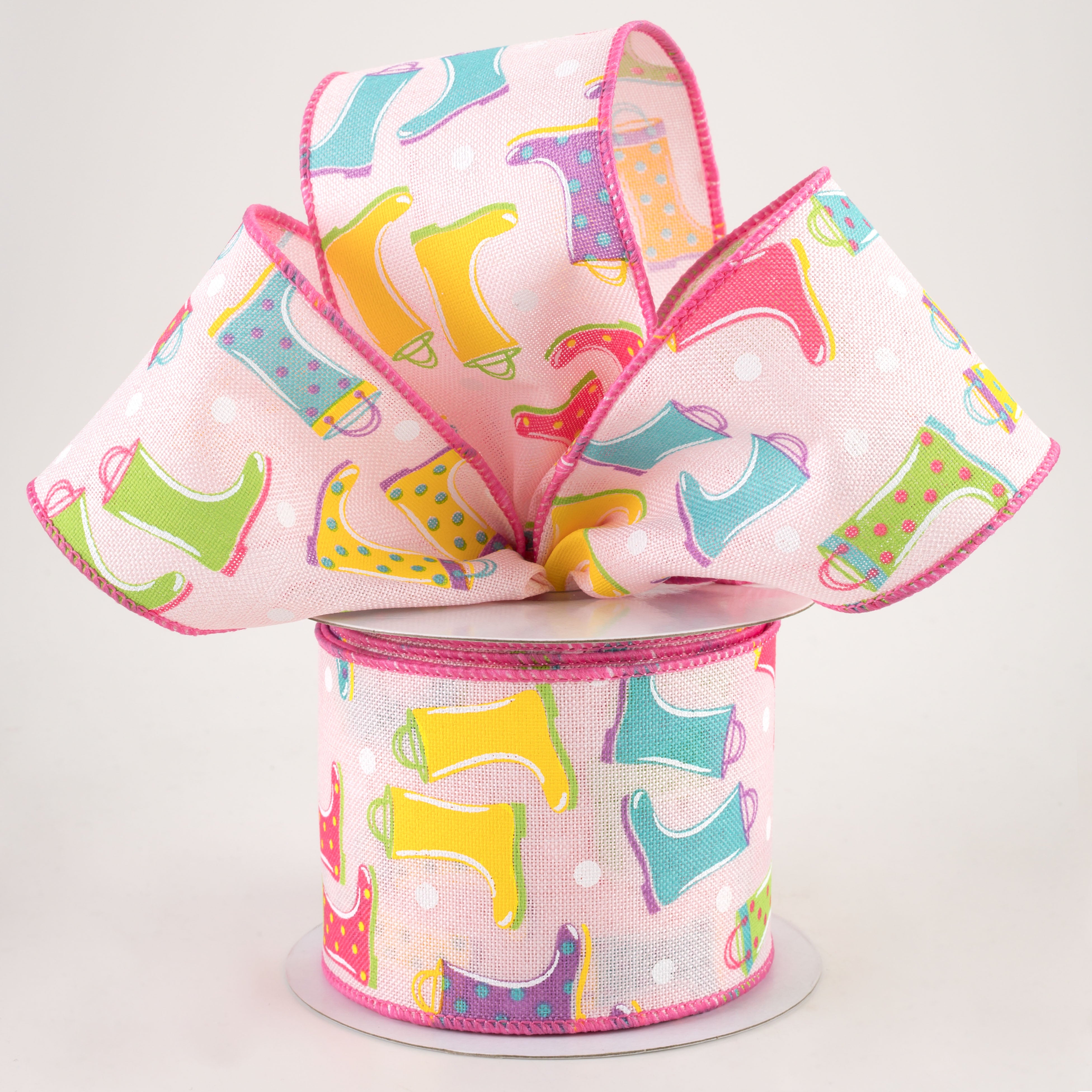 2.5" Rain Boots Polka Dot Ribbon: Light Pink (10 Yards) Lifestyle Photo