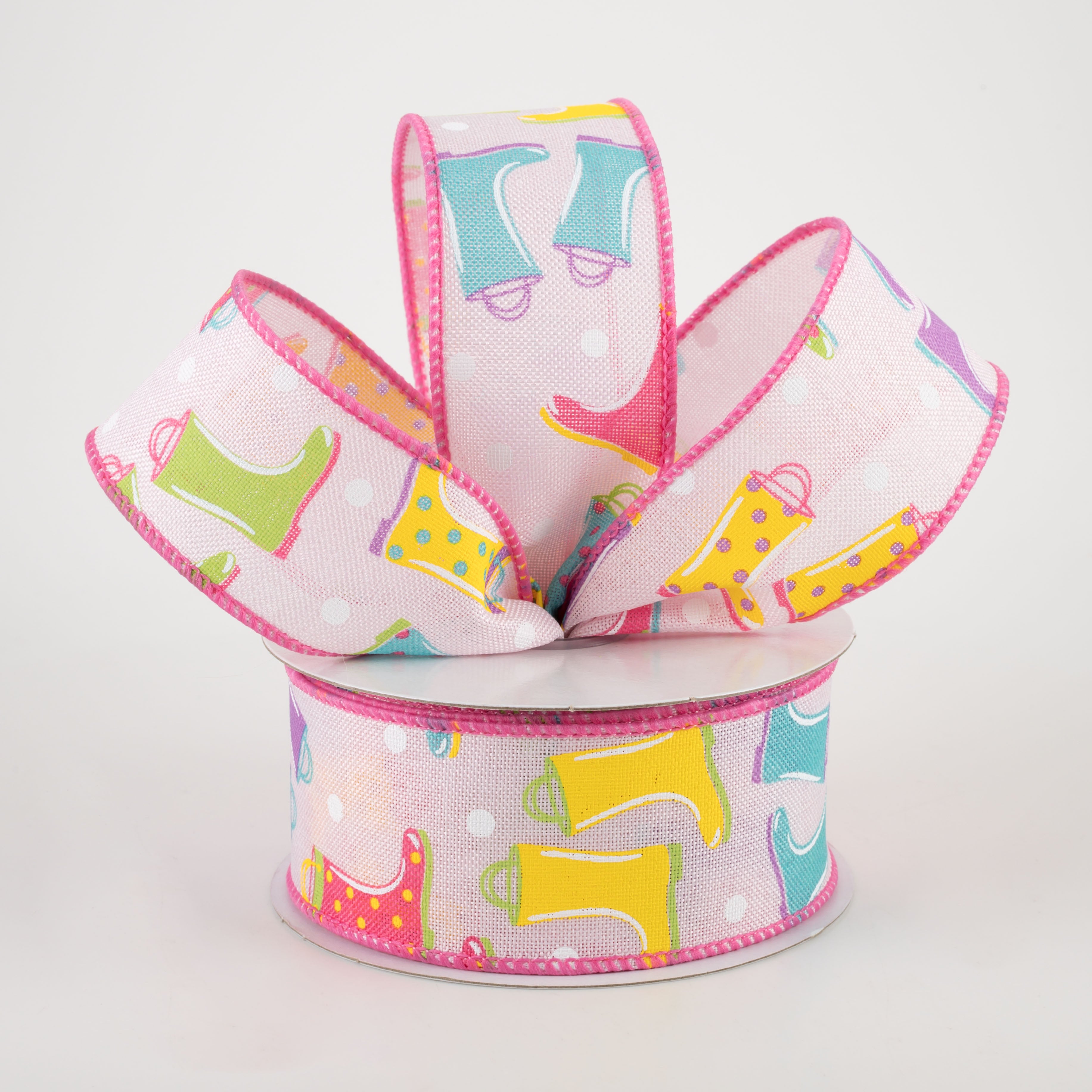1.5" Rain Boots Polka Dot Ribbon: Light Pink (10 Yards) Lifestyle Photo