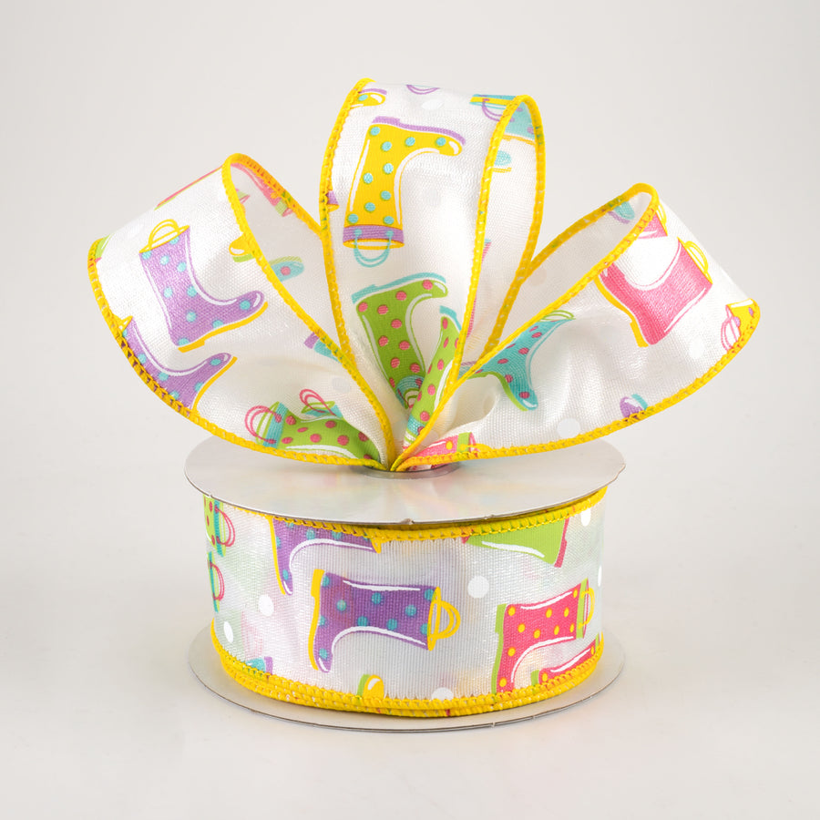 1.5" Rain Boots Polka Dot Ribbon: White Diamond Satin (10 Yards) Lifestyle Photo