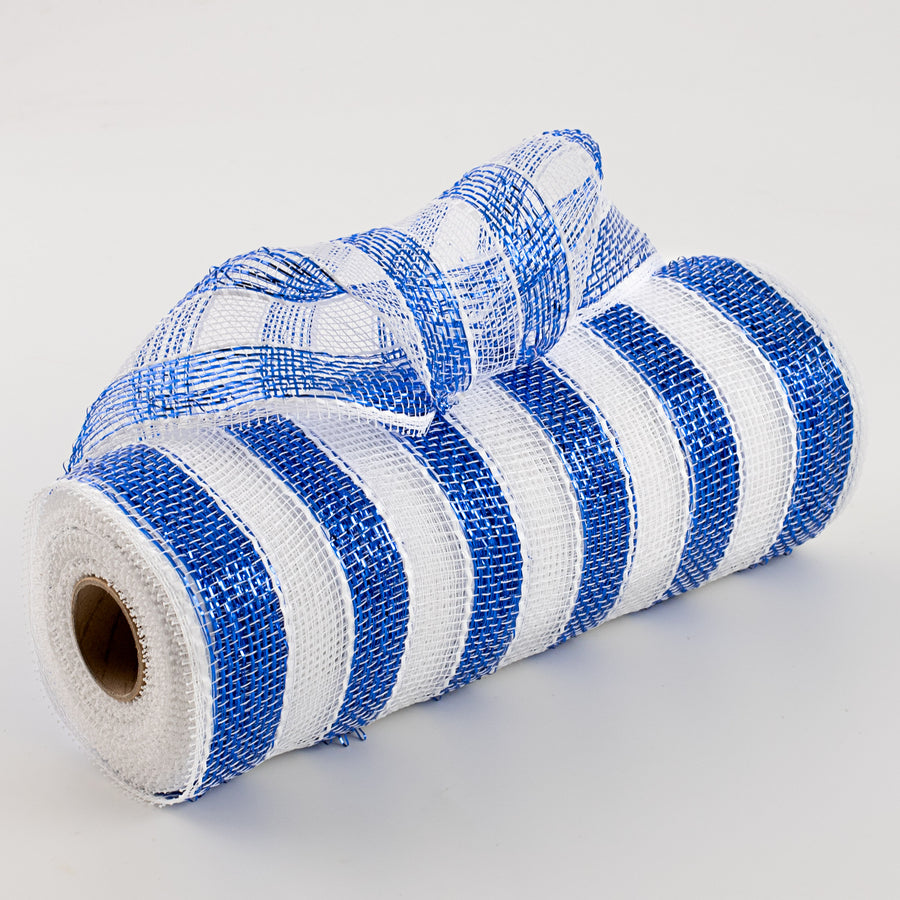 10" Poly Deco Mesh: Metallic White/Blue Stripe