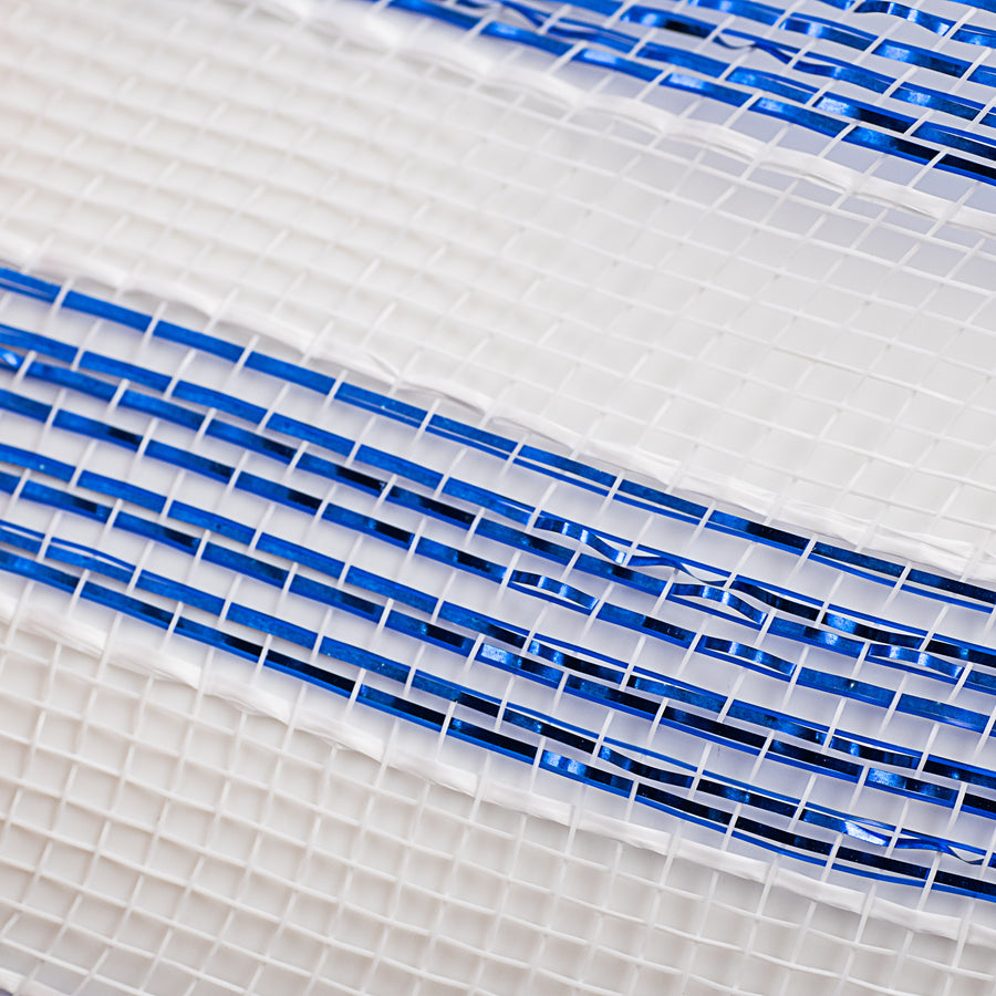 10" Poly Deco Mesh: Metallic White/Blue Stripe