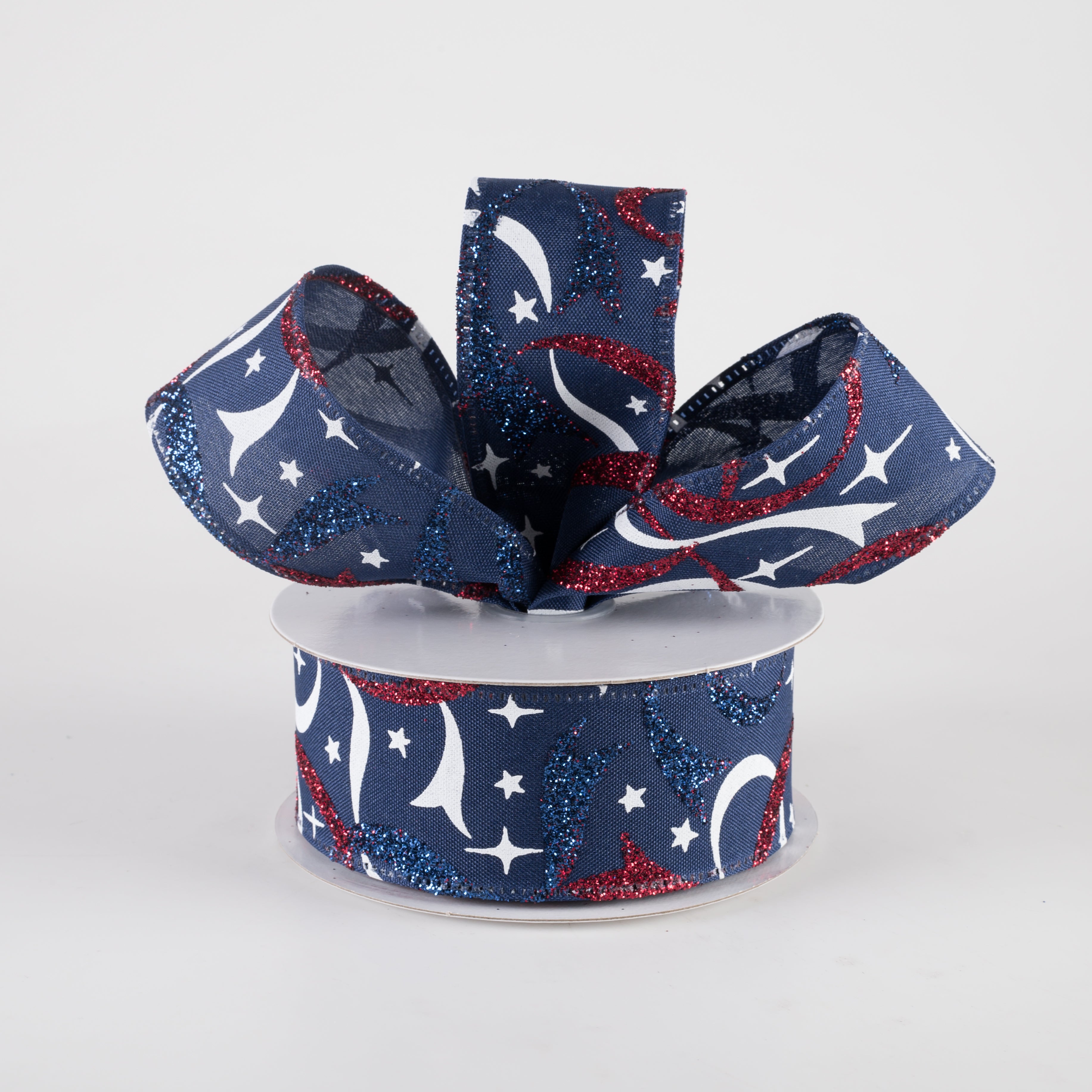 1.5" Red & Blue Glitter White Star Ribbon: Navy (10 Yards) Lifestyle Photo