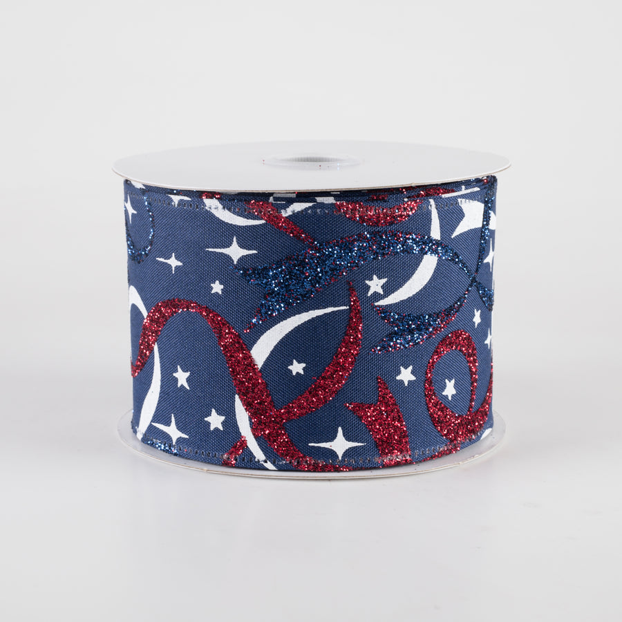 2.5" Red & Blue Glitter White Star Ribbon: Navy (10 Yards)