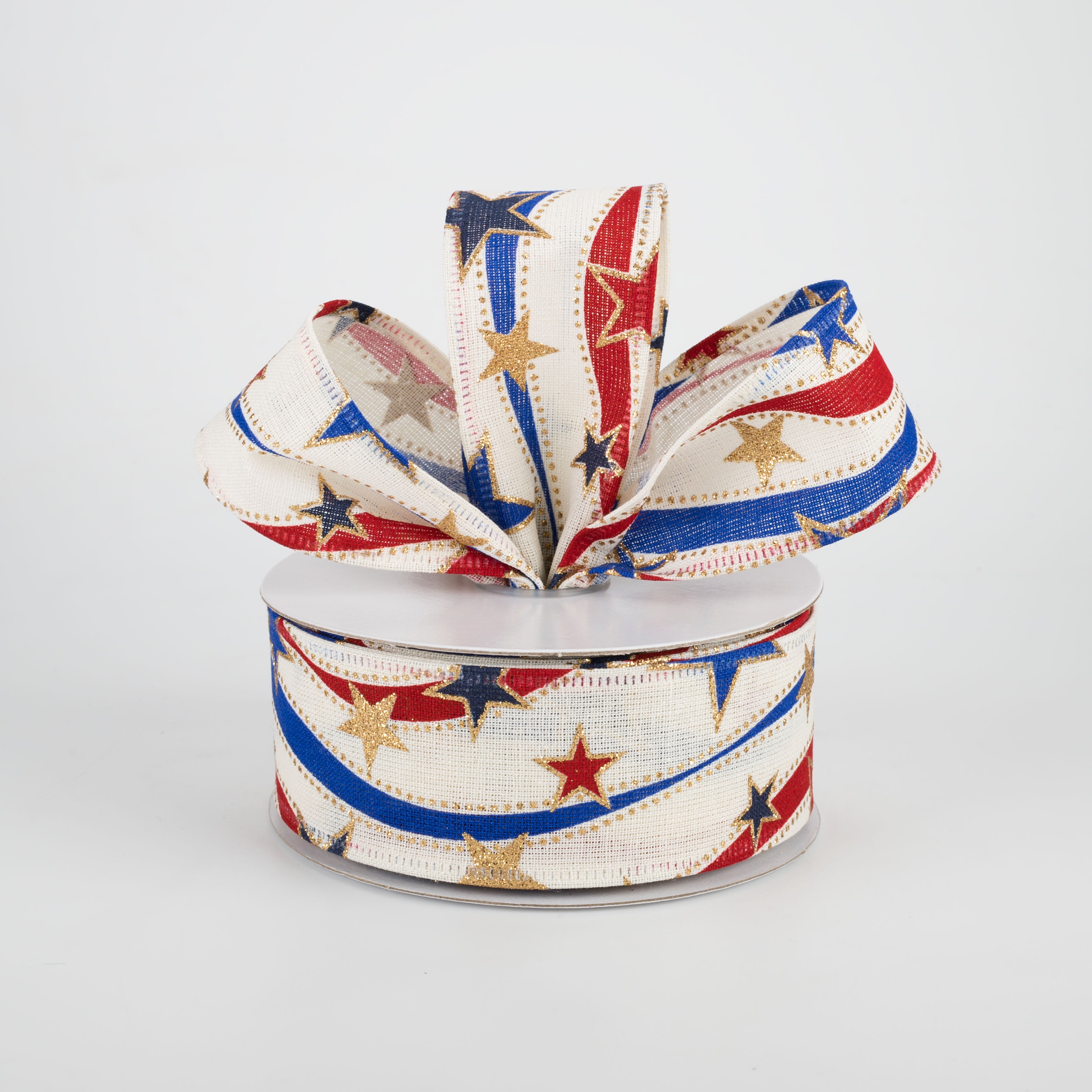 1.5" Red, Blue, Gold Stars Ribbon: Ivory (10 Yards) Lifestyle Photo