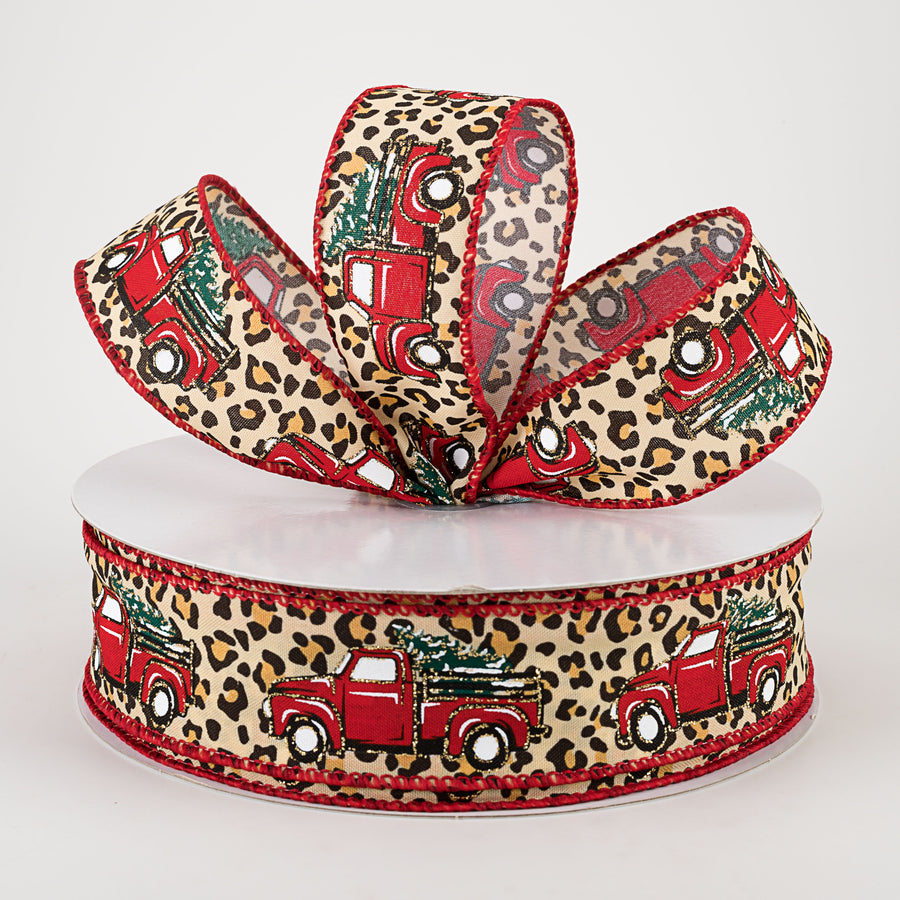 1.5" Red Christmas Truck On Cheetah Ribbon (50 Yards) Lifestyle Photo