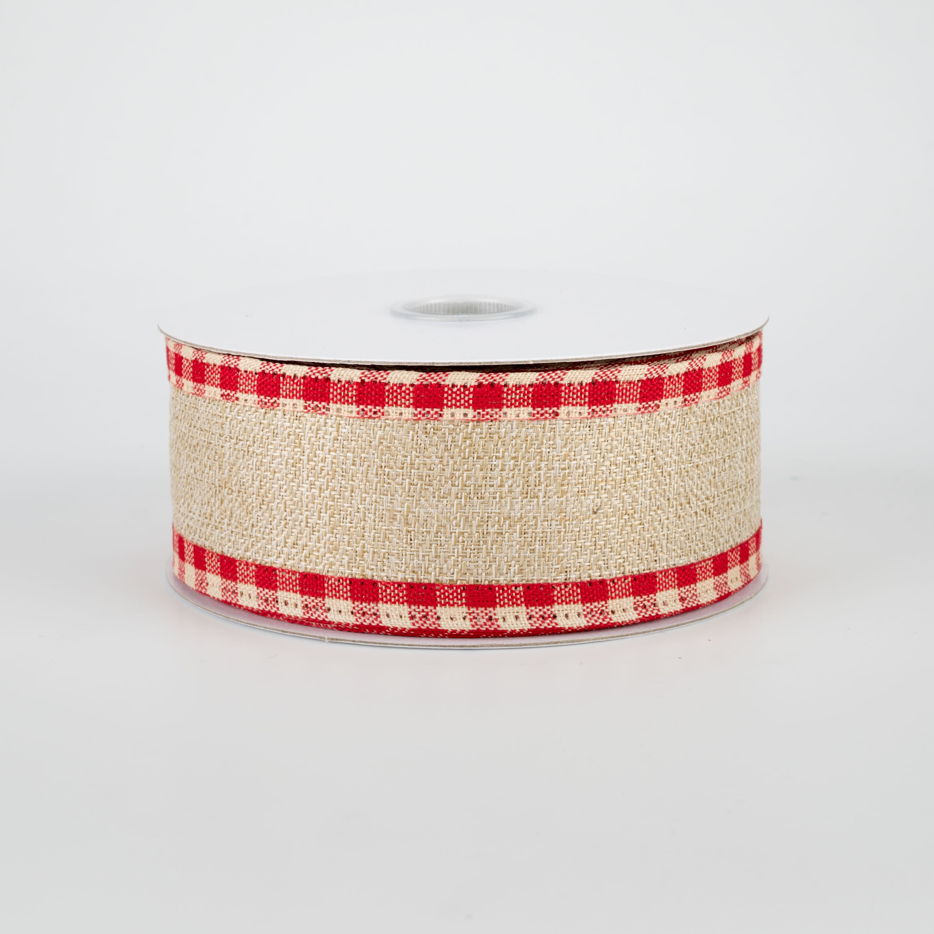 1.5" Red Gingham Check Edge Ribbon: Natural (10 Yards)