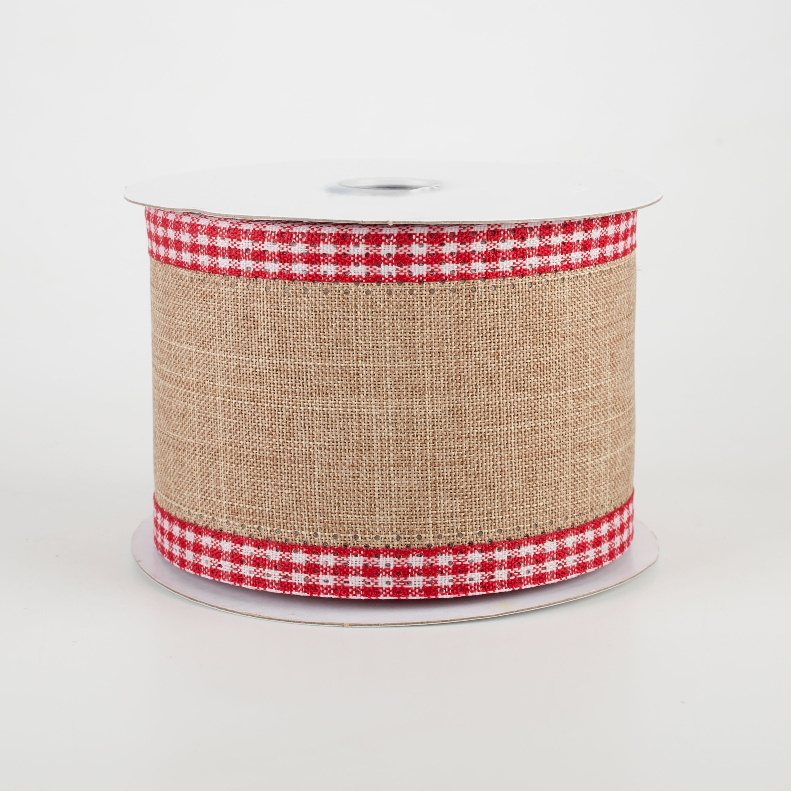 2.5" Red Gingham Edge Ribbon: Light Beige (10 Yards)
