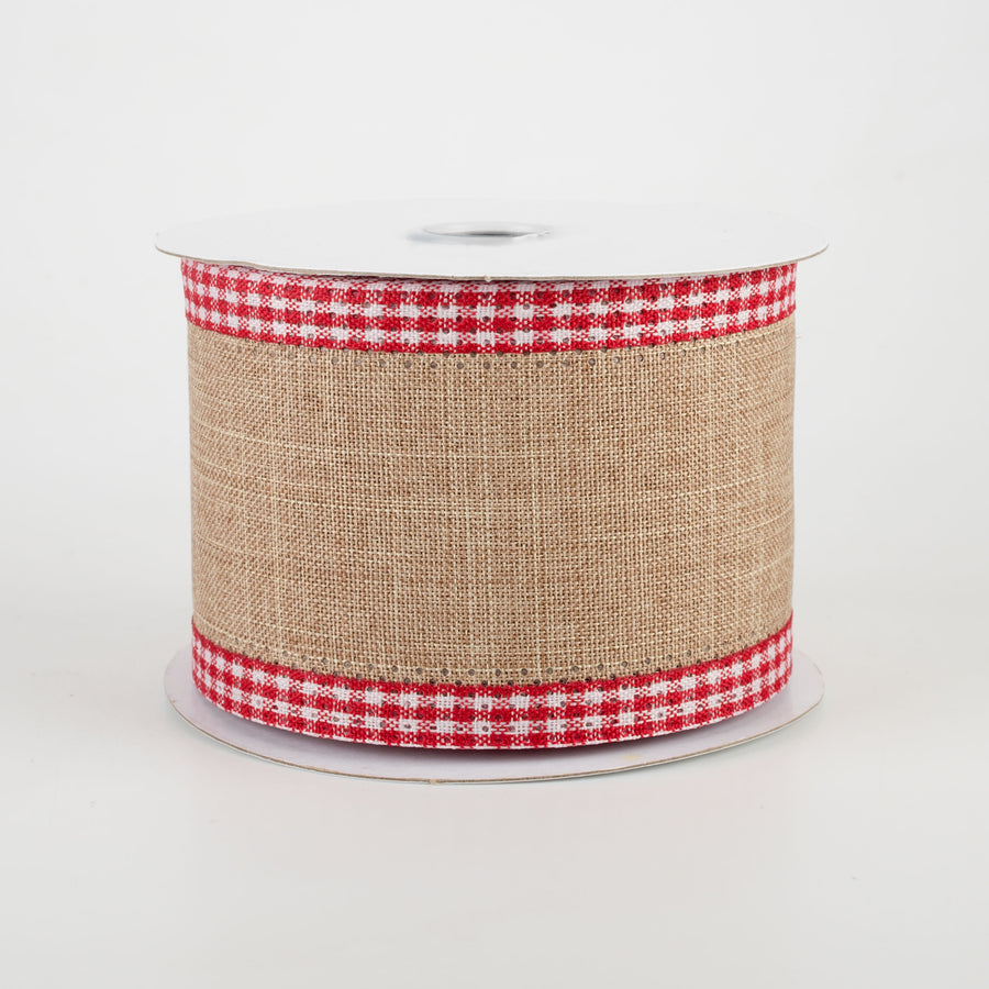 2.5" Red Gingham Edge Ribbon: Light Beige (10 Yards)