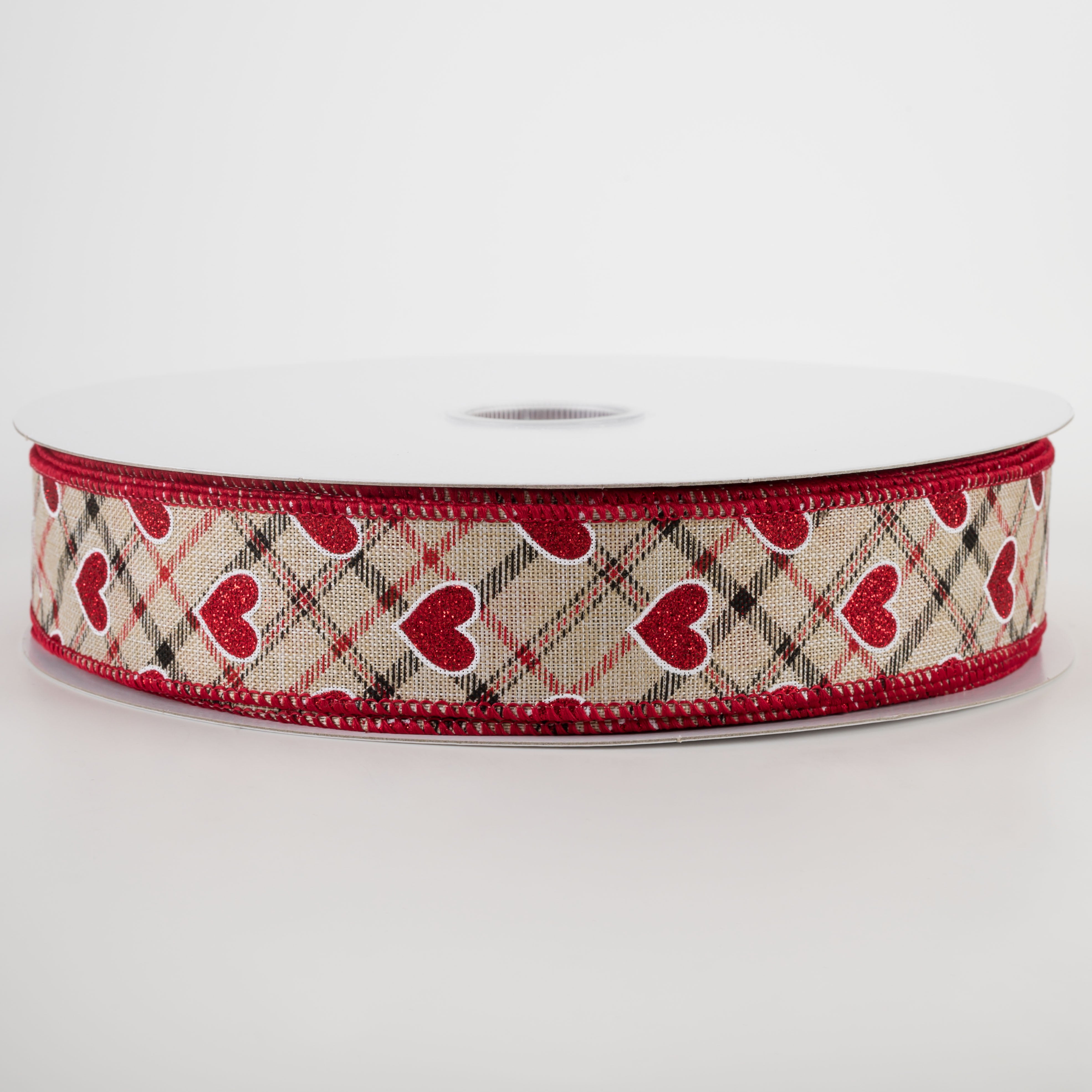 1.5" Red Glitter Hearts on Argyle Ribbon: Natural (50 Yards) Item Number: 811-09-201