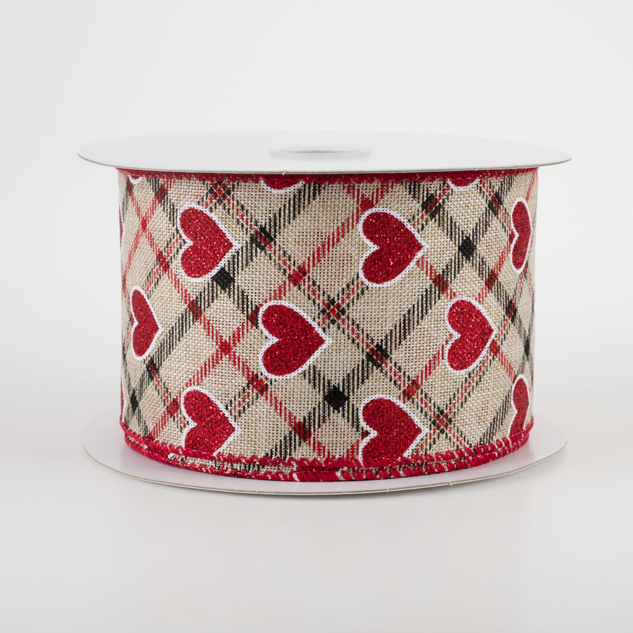 2.5" Red Glitter Hearts on Argyle Ribbon: Natural (10 Yards) Item Number: 11207-40-35