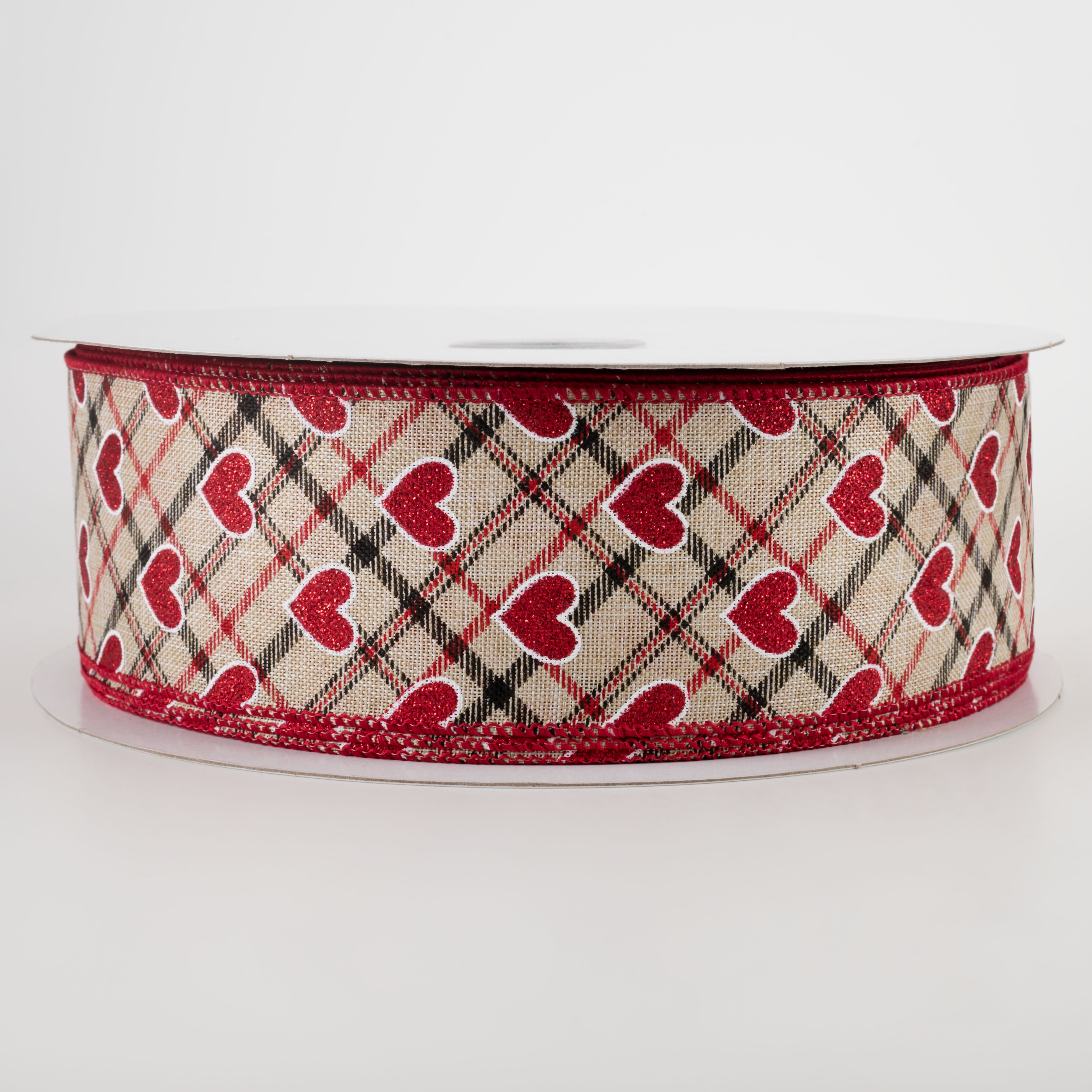 2.5" Red Glitter Hearts on Argyle Ribbon: Natural (50 Yards) Item Number: 811-40-201