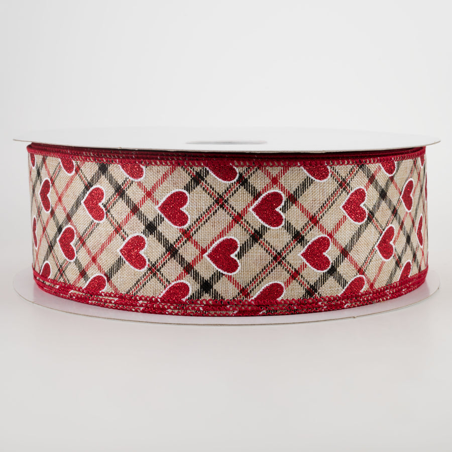 2.5" Red Glitter Hearts on Argyle Ribbon: Natural (50 Yards) Item Number: 811-40-201