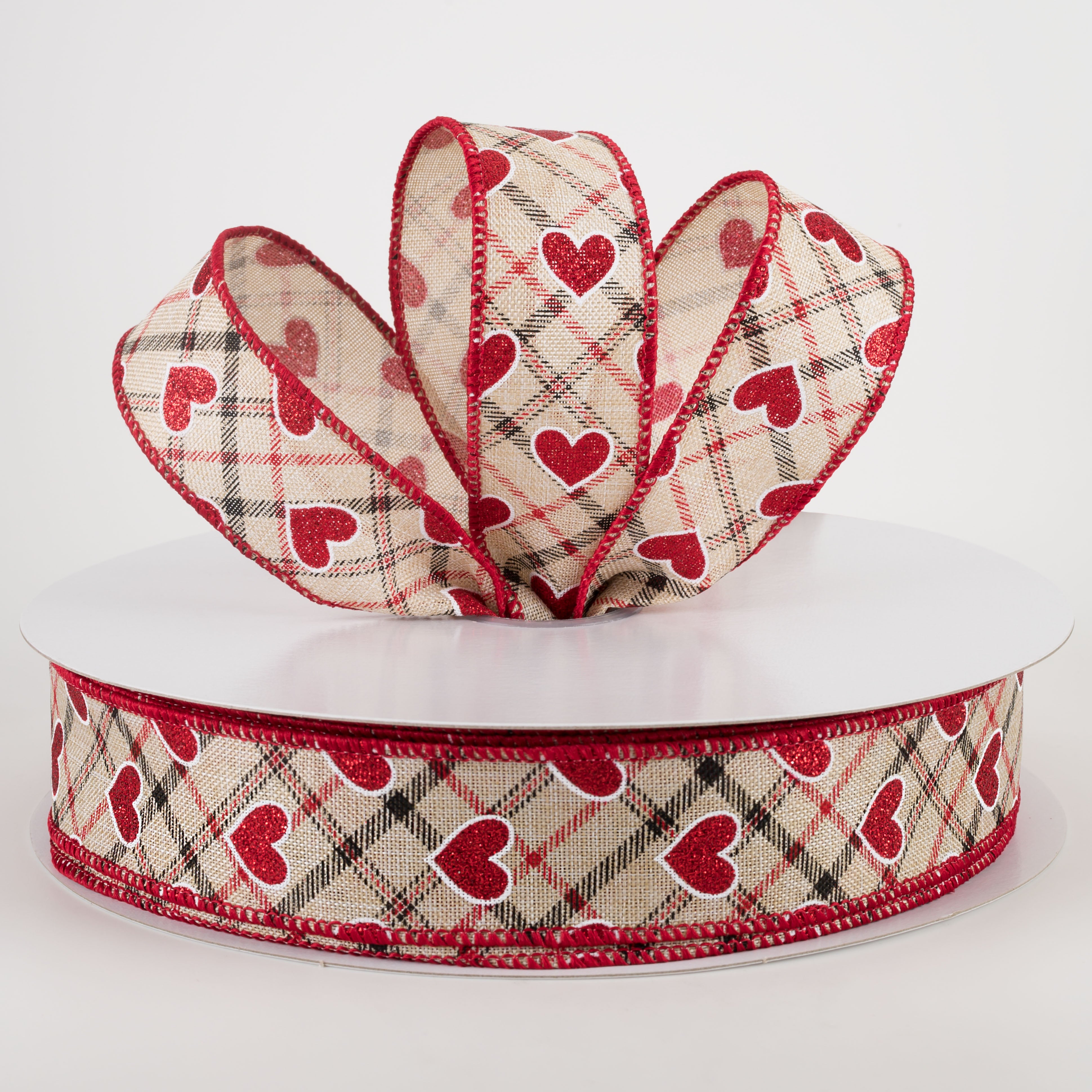 1.5" Red Glitter Hearts on Argyle Ribbon: Natural (50 Yards) Lifestyle Photo