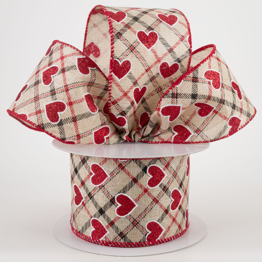 2.5" Red Glitter Hearts on Argyle Ribbon: Natural (10 Yards) Lifestyle Photo
