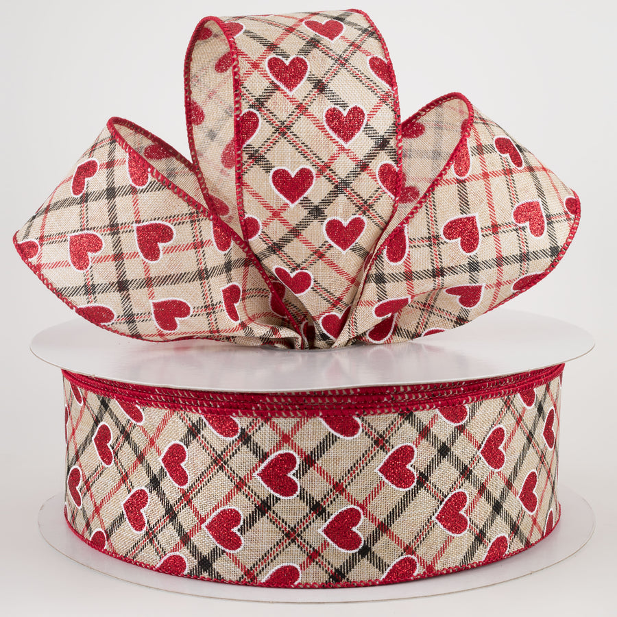2.5" Red Glitter Hearts on Argyle Ribbon: Natural (50 Yards) Lifestyle Photo