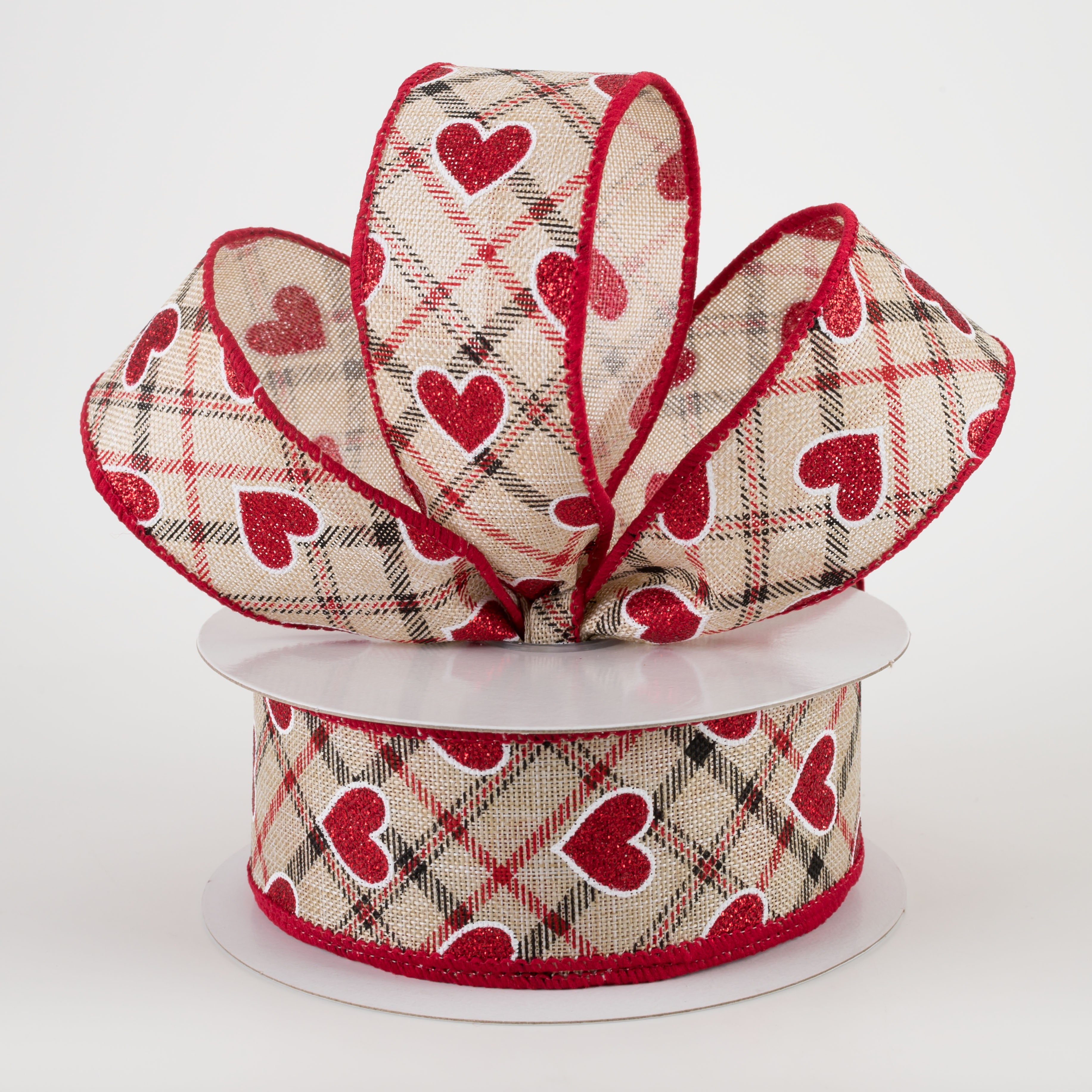 1.5" Red Glitter Hearts on Argyle Ribbon: Natural (10 Yards) Lifestyle Photo