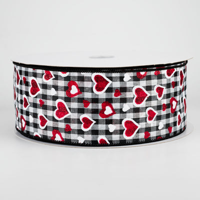 2.5" Red Glitter Hearts & Check Ribbon (50 Yards) Item Number: 811-40-003