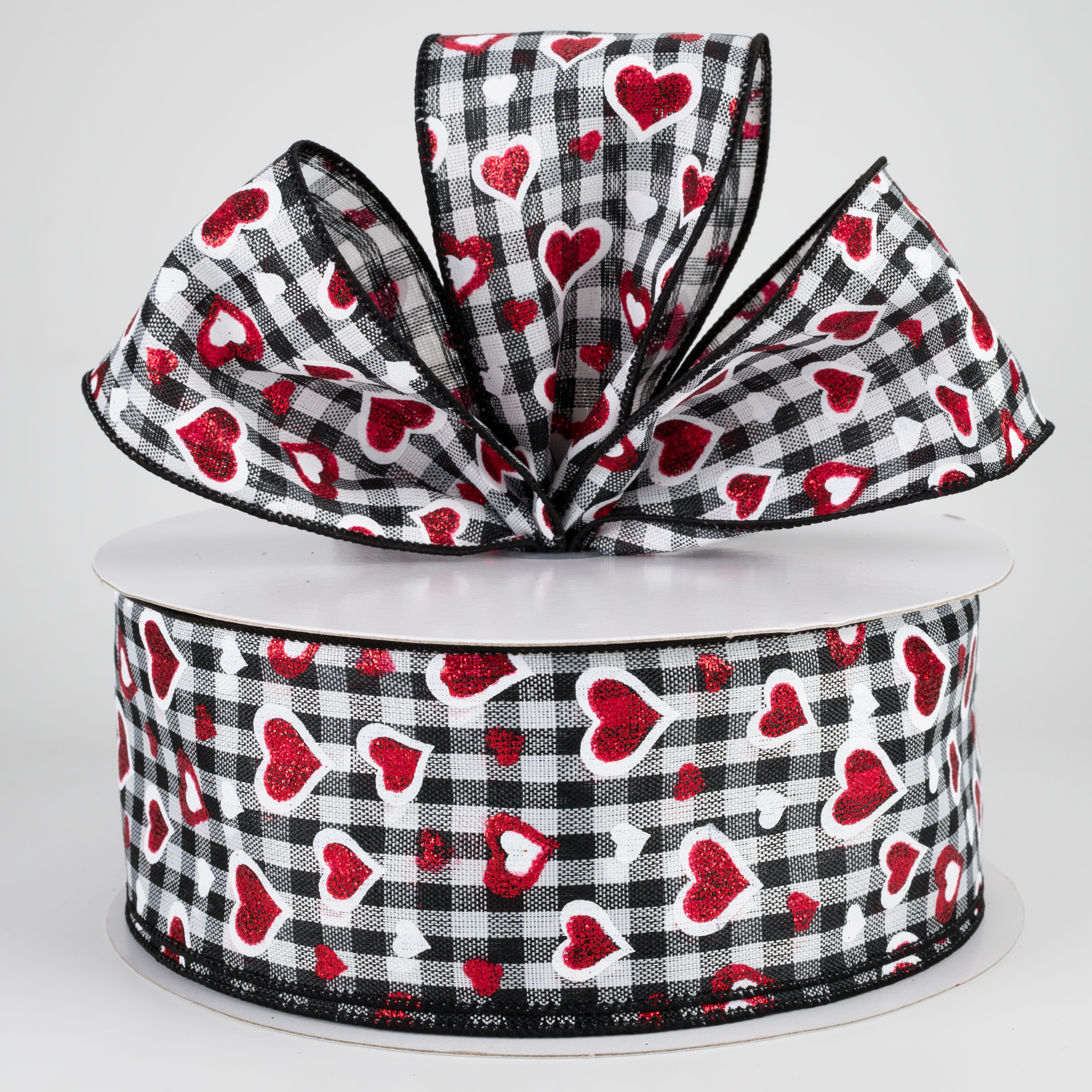 2.5" Red Glitter Hearts & Check Ribbon (50 Yards) Lifestyle Photo