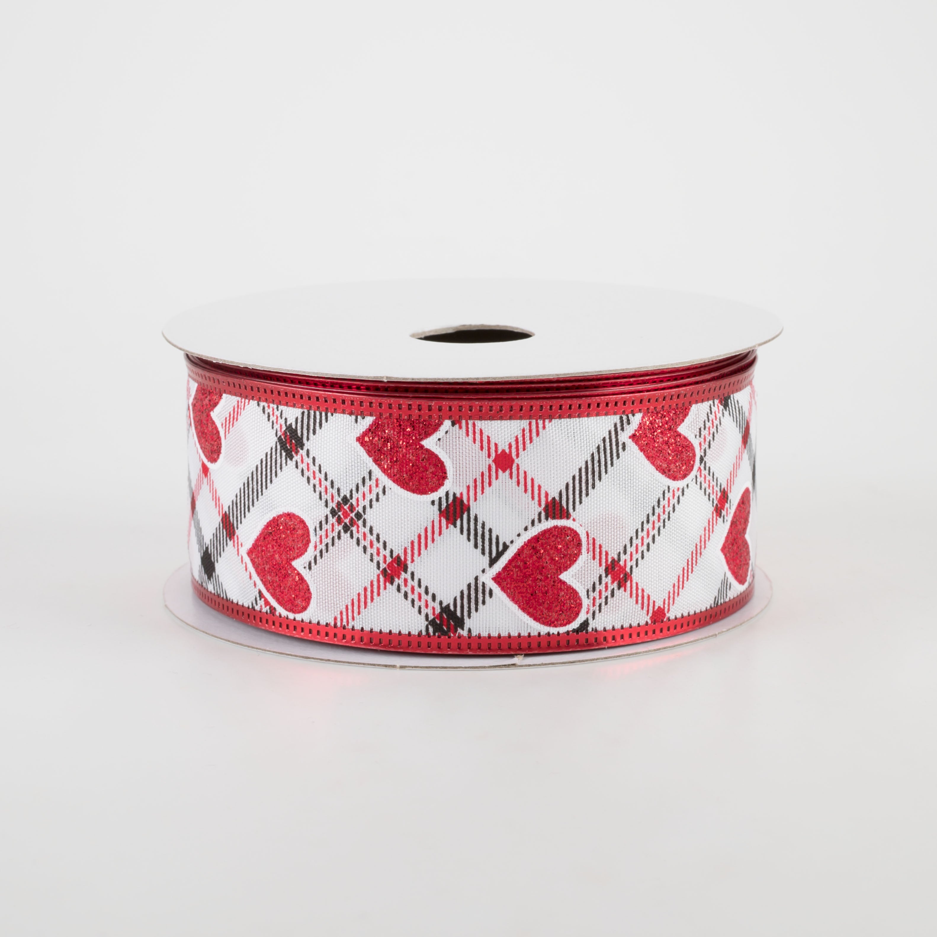 1.5" Red Glitter Hearts on Argyle Ribbon (10 Yards)