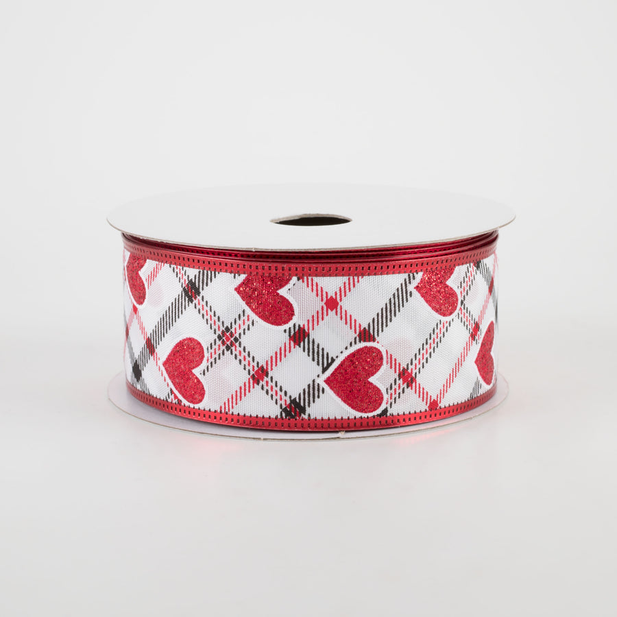 1.5" Red Glitter Hearts on Argyle Ribbon (10 Yards)
