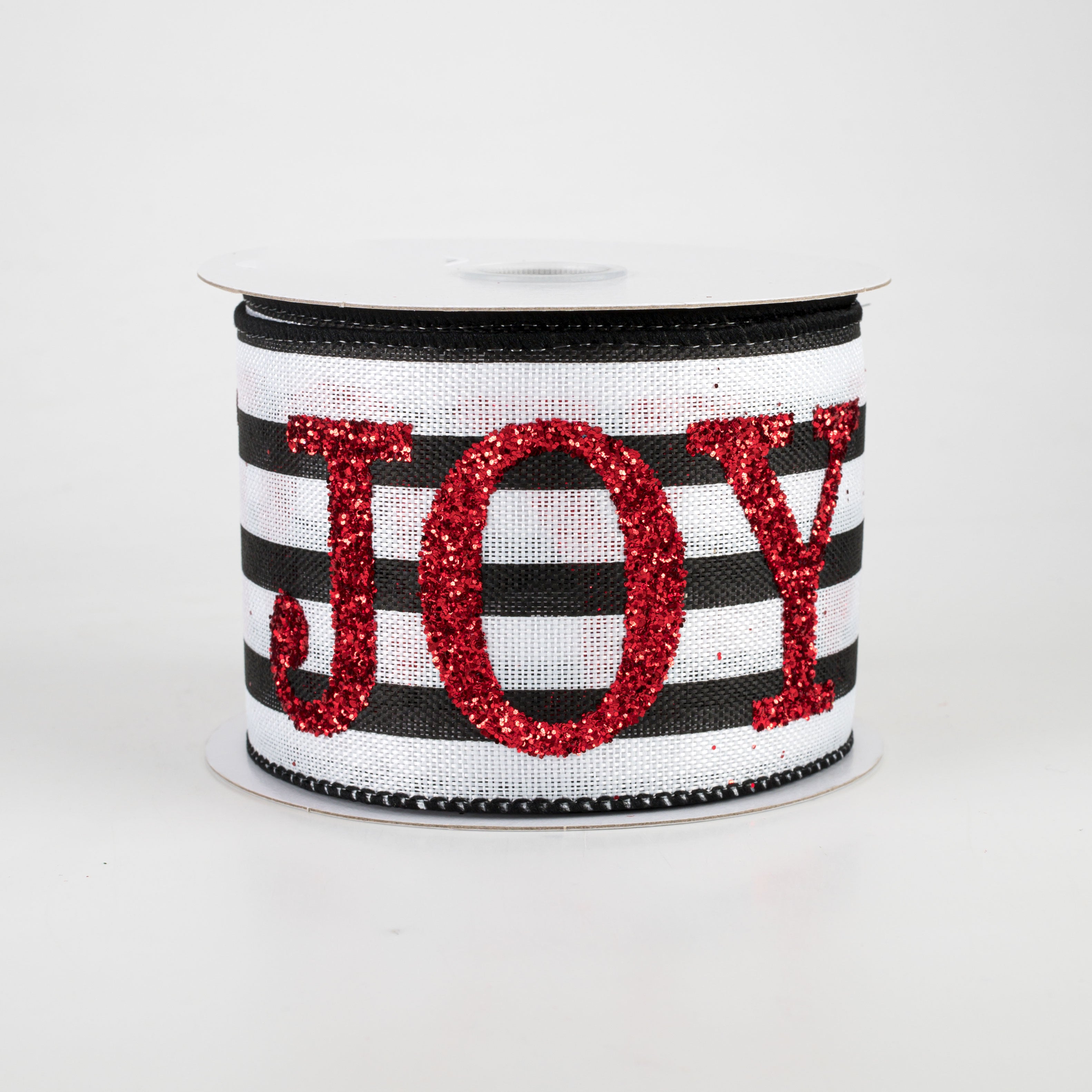 2.5" Red Glitter Joy On Stripe Ribbon: Black & White (10 Yards) Item Number: 72071-40-12