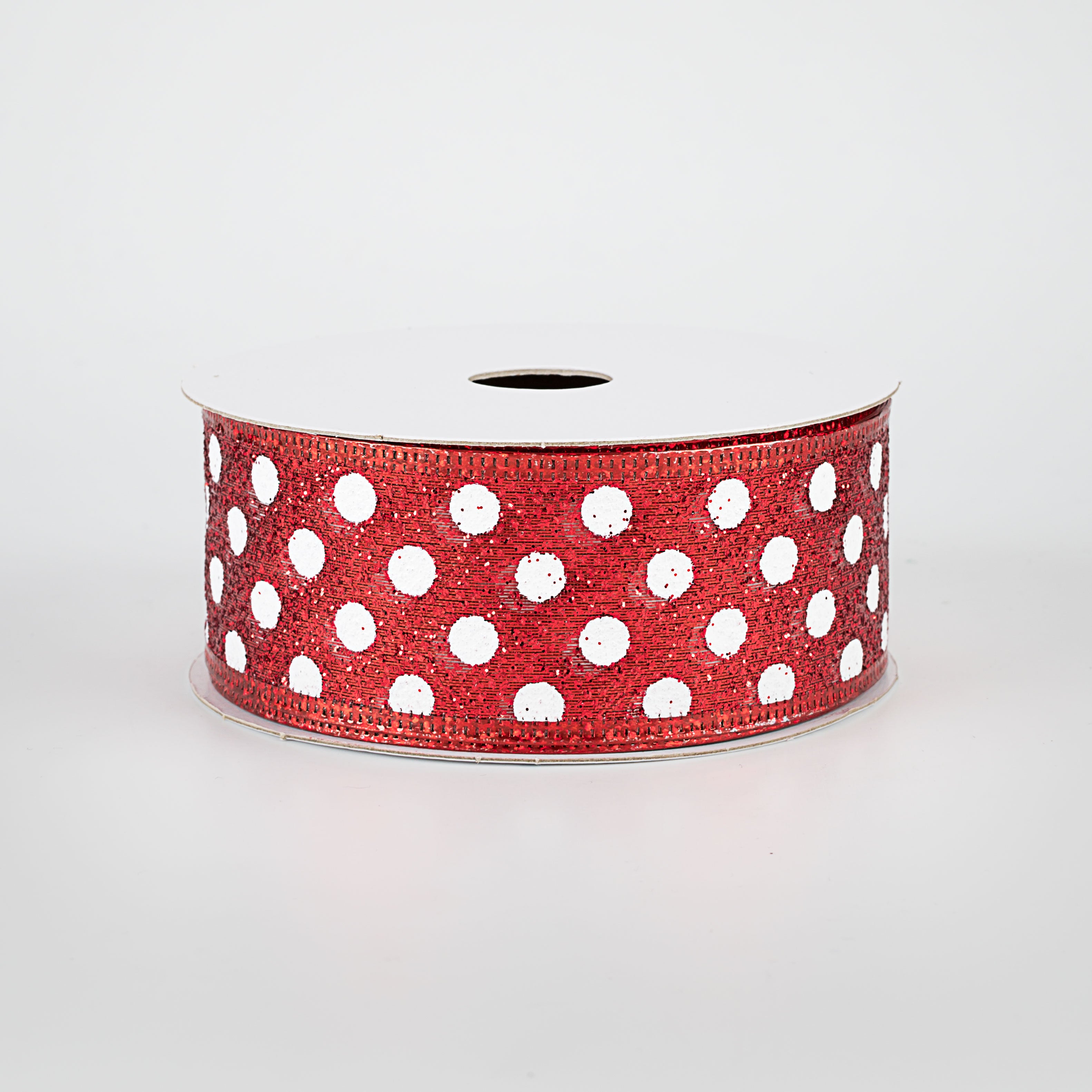 1.5" Red Glitter Polka Dot Ribbon: White (10 Yards)