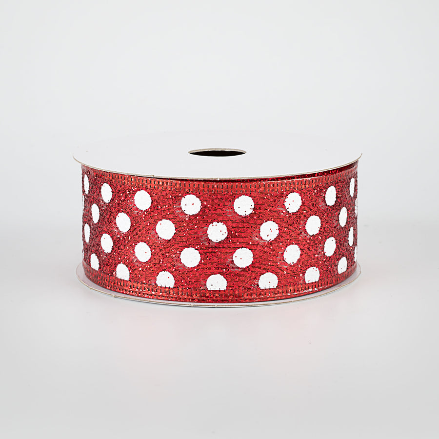 1.5" Red Glitter Polka Dot Ribbon: White (10 Yards)