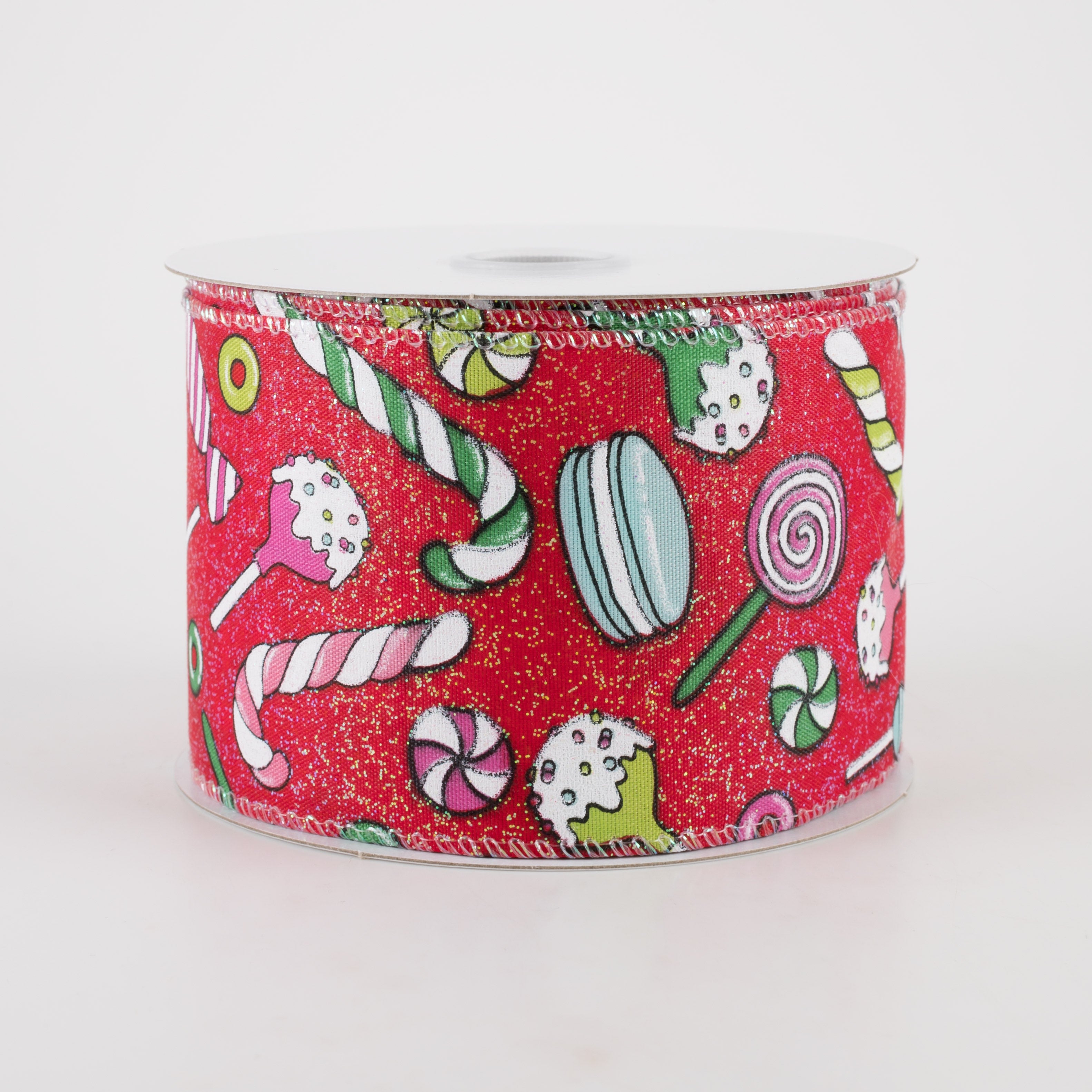 2.5" Red Glitter Satin Christmas Treats Ribbon (10 Yards) Item Number: 71107-40-09