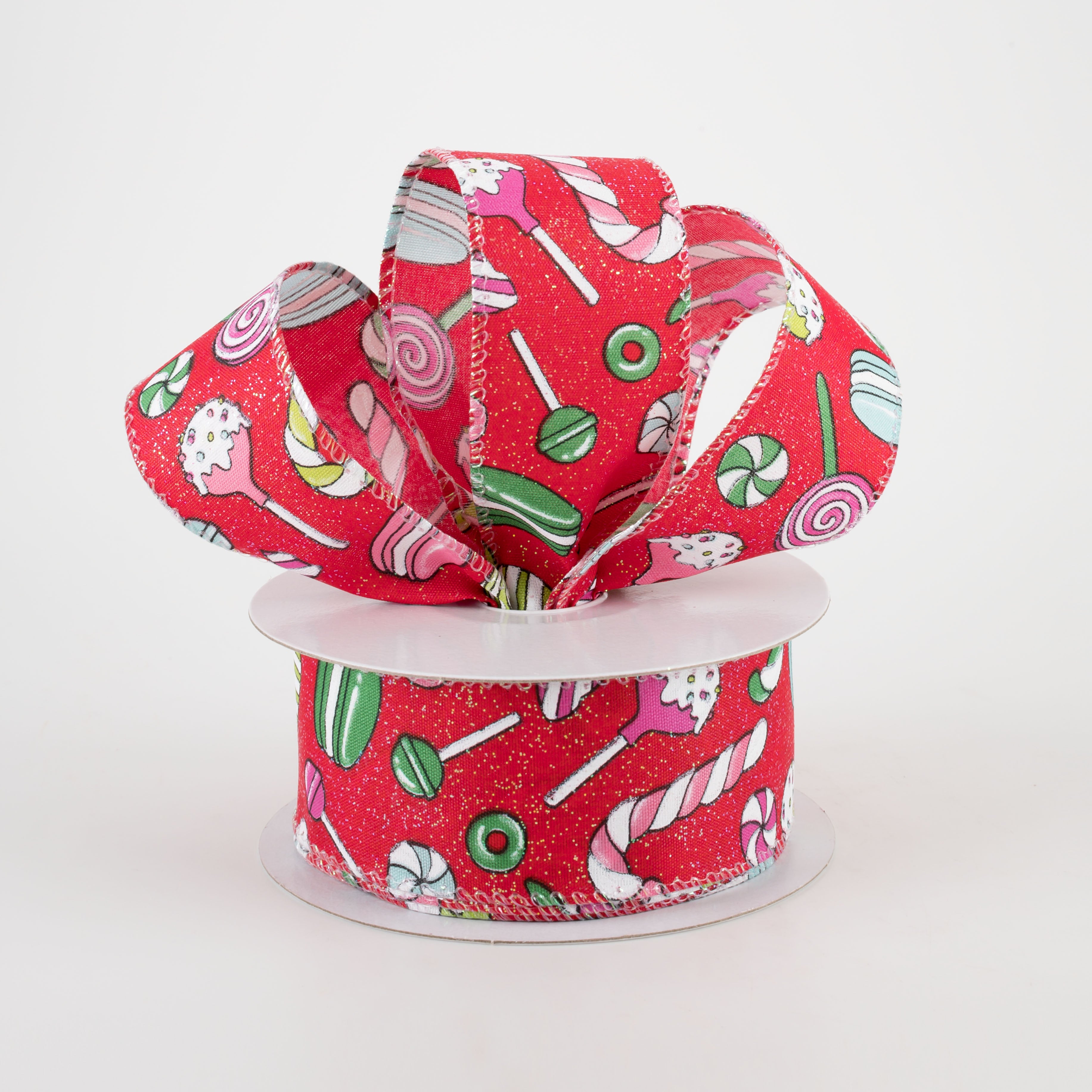 1.5" Red Glitter Satin Christmas Treats Ribbon (10 Yards) Lifestyle Photo