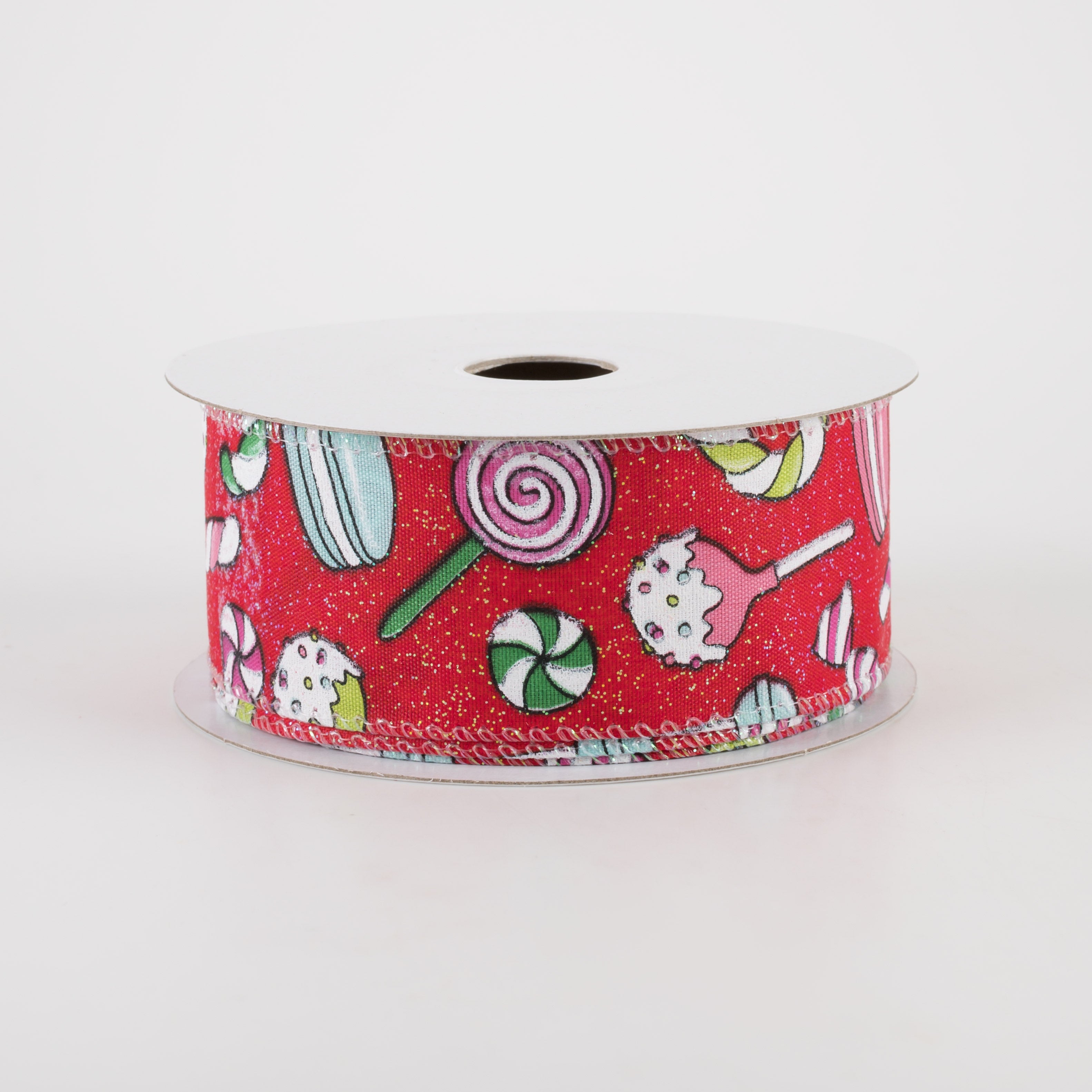 1.5" Red Glitter Satin Christmas Treats Ribbon (10 Yards)