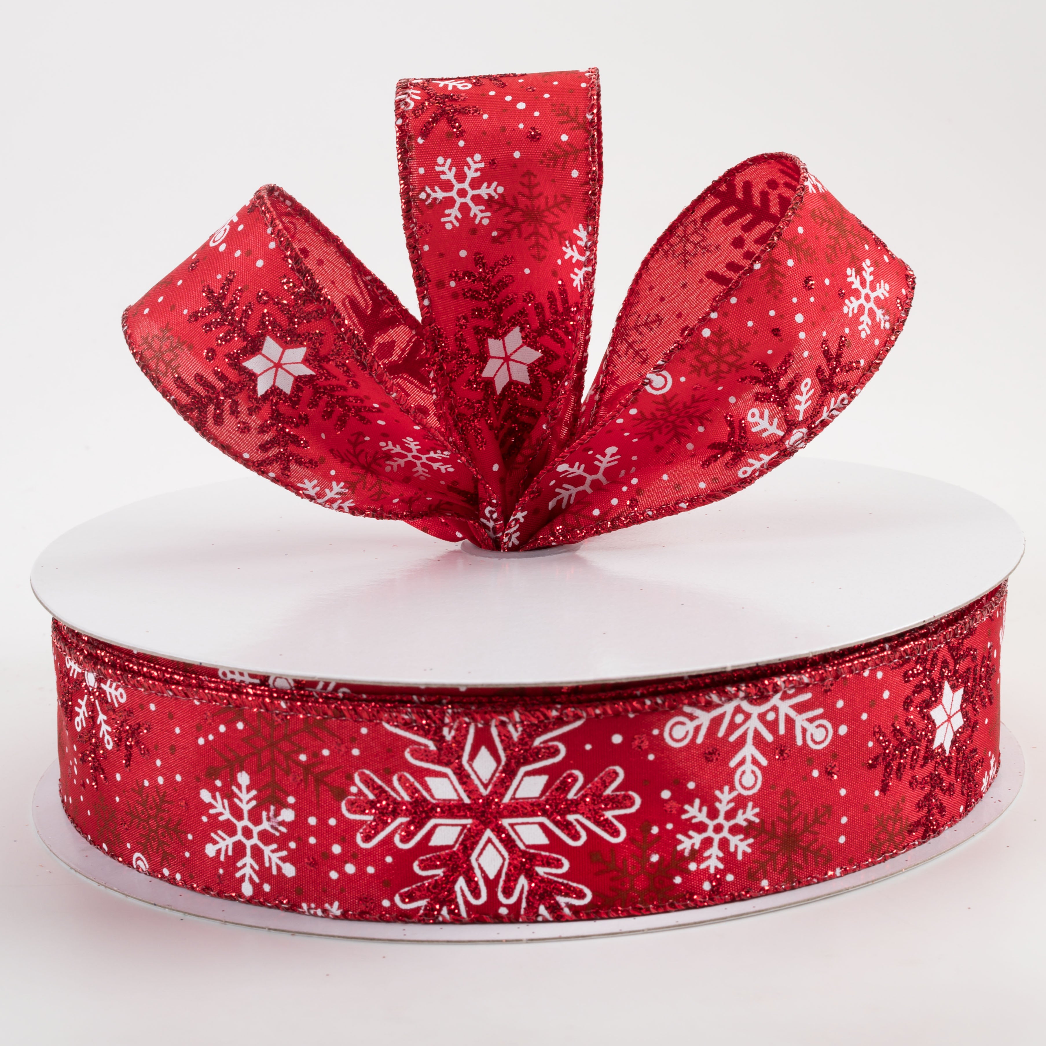 1.5" Red Glittered White Snowflakes Satin Ribbon: Red (50 Yards) Lifestyle Photo