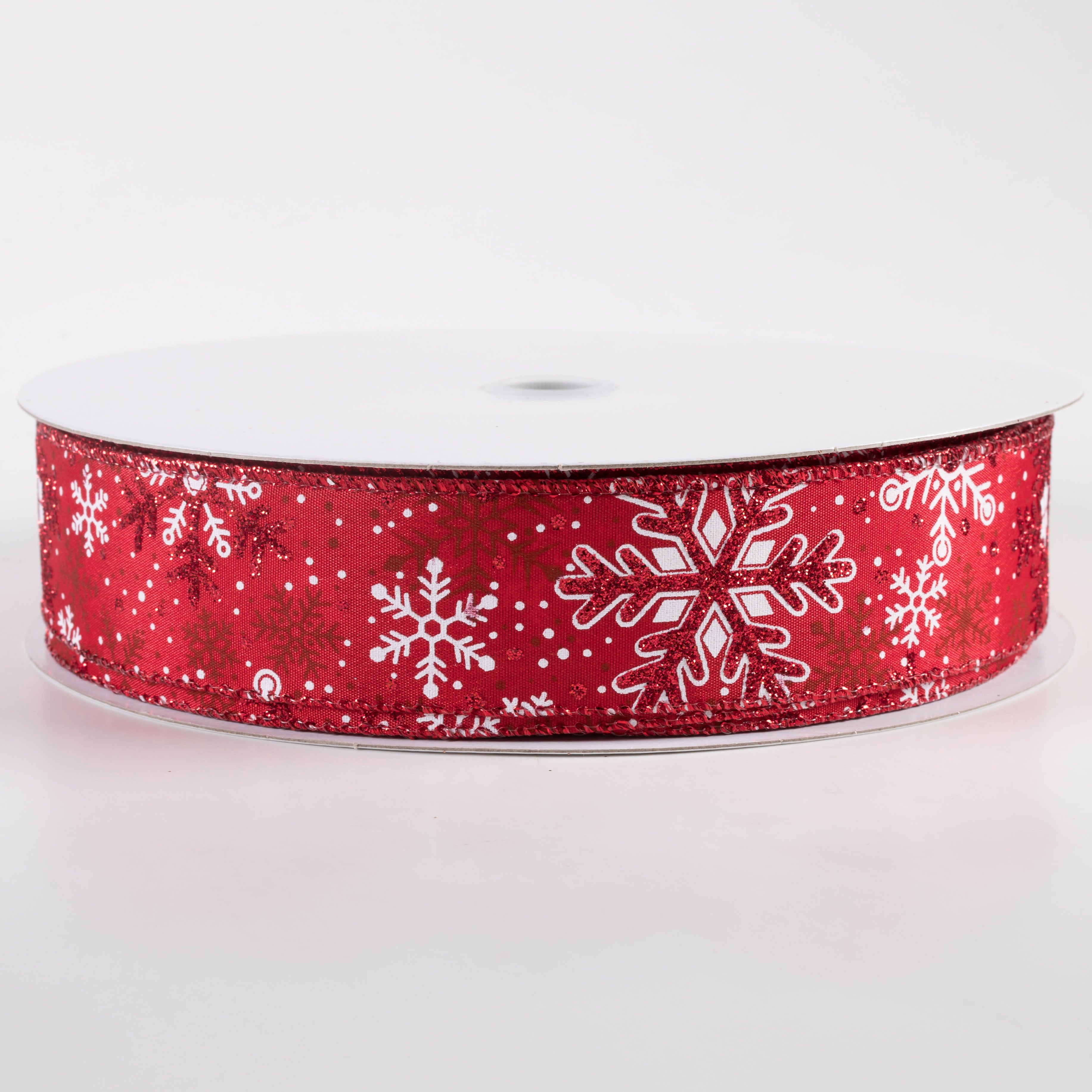 1.5" Red Glittered White Snowflakes Satin Ribbon: Red (50 Yards)