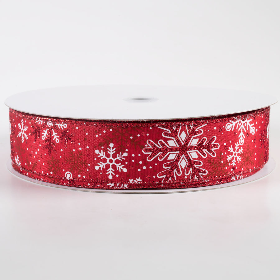 1.5" Red Glittered White Snowflakes Satin Ribbon: Red (50 Yards)
