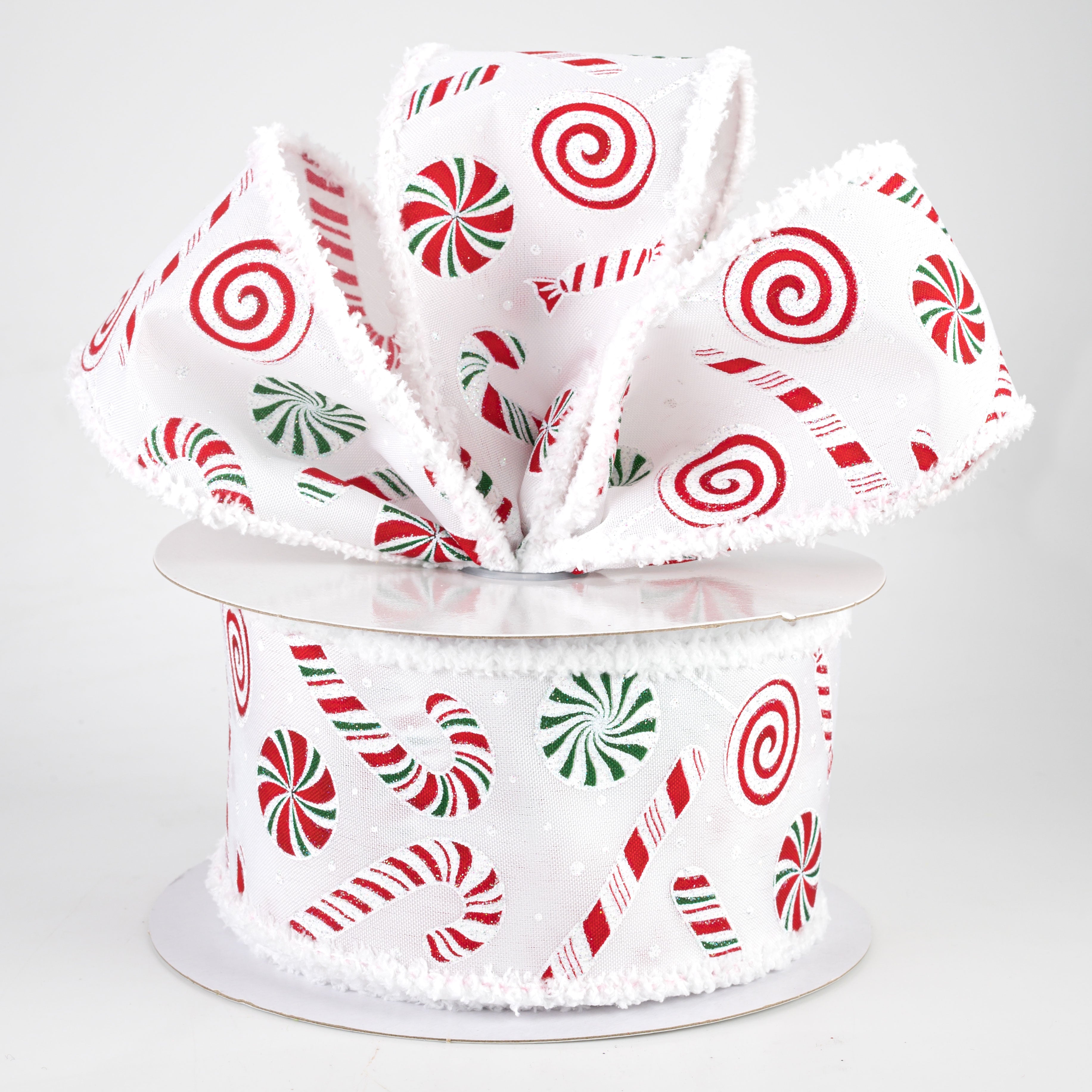 2.5" Red & Green Candy Cane & Peppermint Fuzzy Edge Ribbon: White (10 Yards) Lifestyle Photo