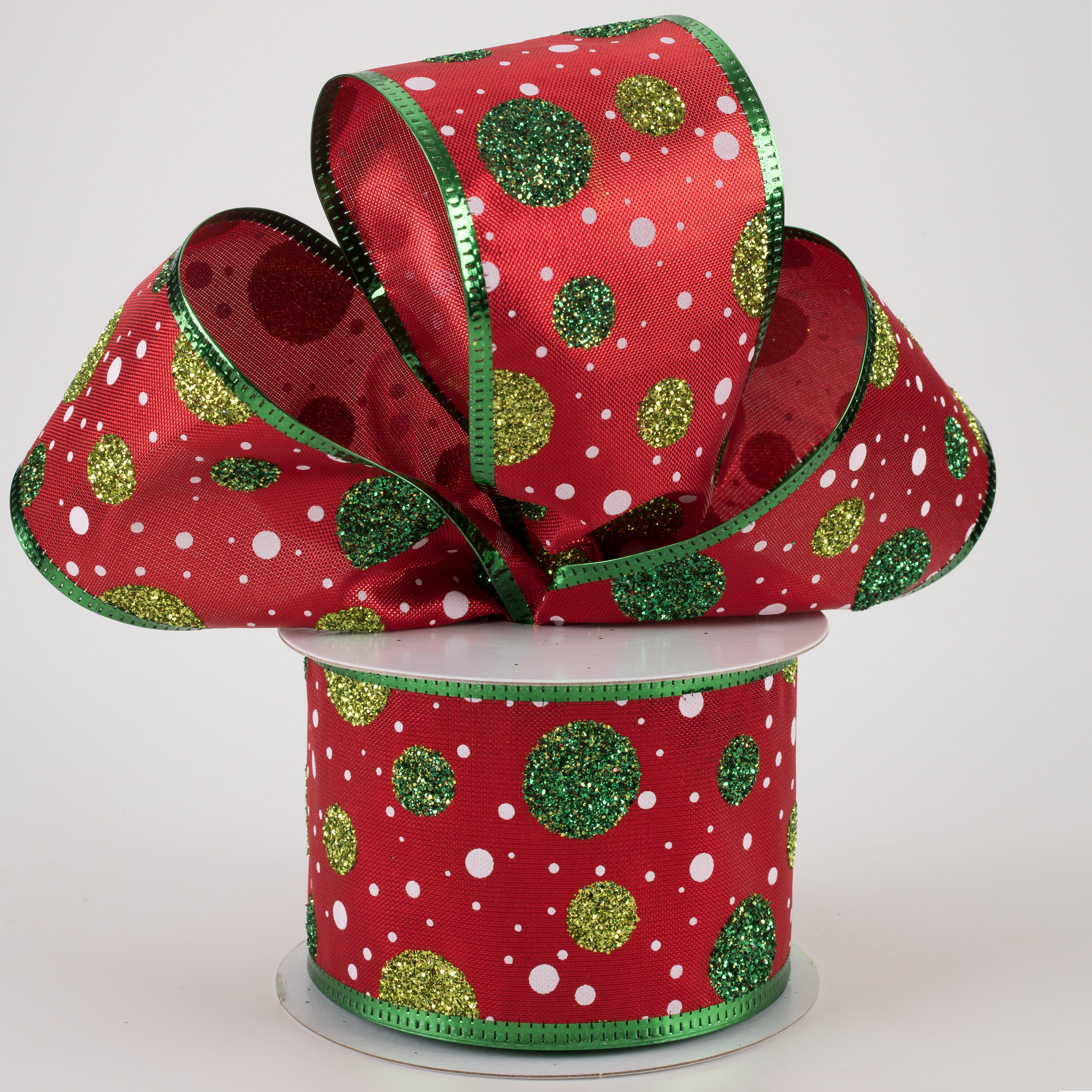 2.5" Red Lamé Glitter Dot Ribbon: Lime, Emerald, White (10 Yards) Lifestyle Photo