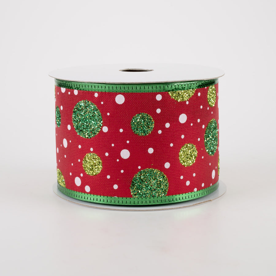 2.5" Red Lamé Glitter Dot Ribbon: Lime, Emerald, White (10 Yards)
