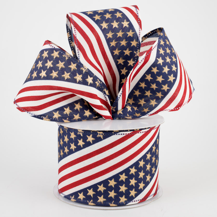 2.5" Red, Navy & Gold Diagonal Stripes Star Ribbon (10 Yards) Lifestyle Photo