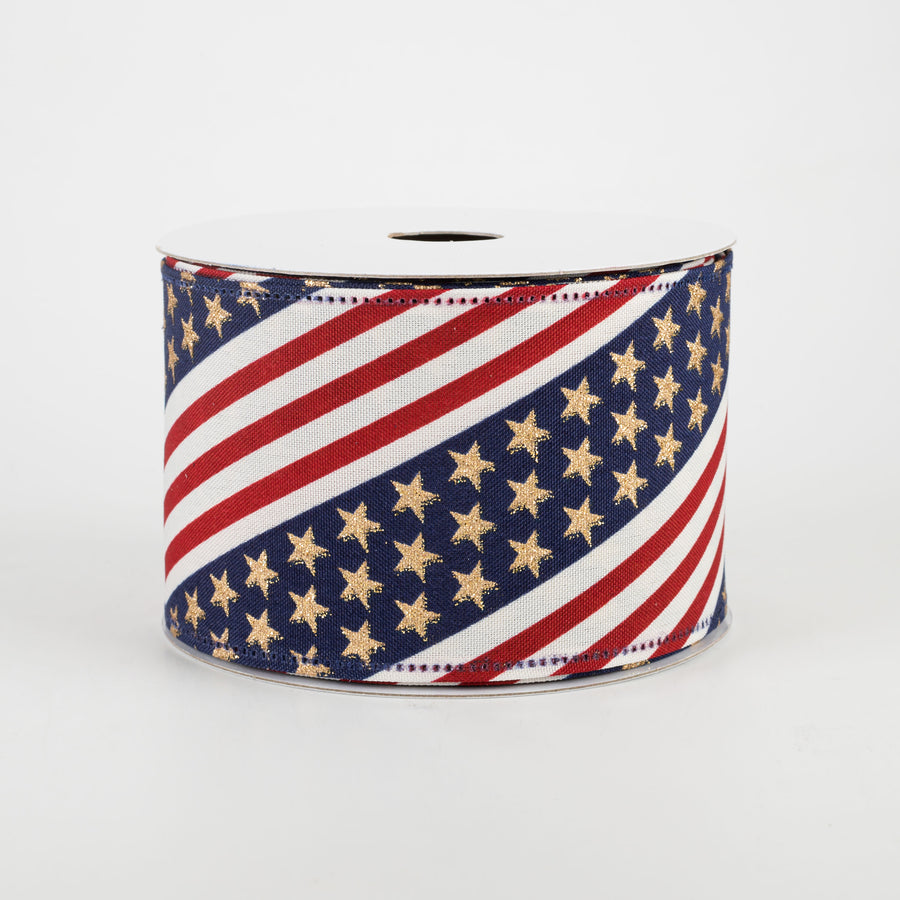 2.5" Red, Navy & Gold Diagonal Stripes Star Ribbon (10 Yards)