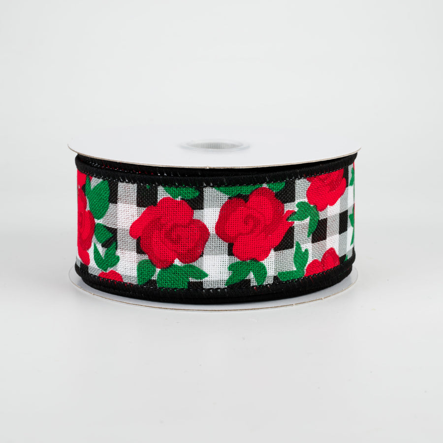 1.5" Red Roses & Gingham Ribbon (10 Yards)