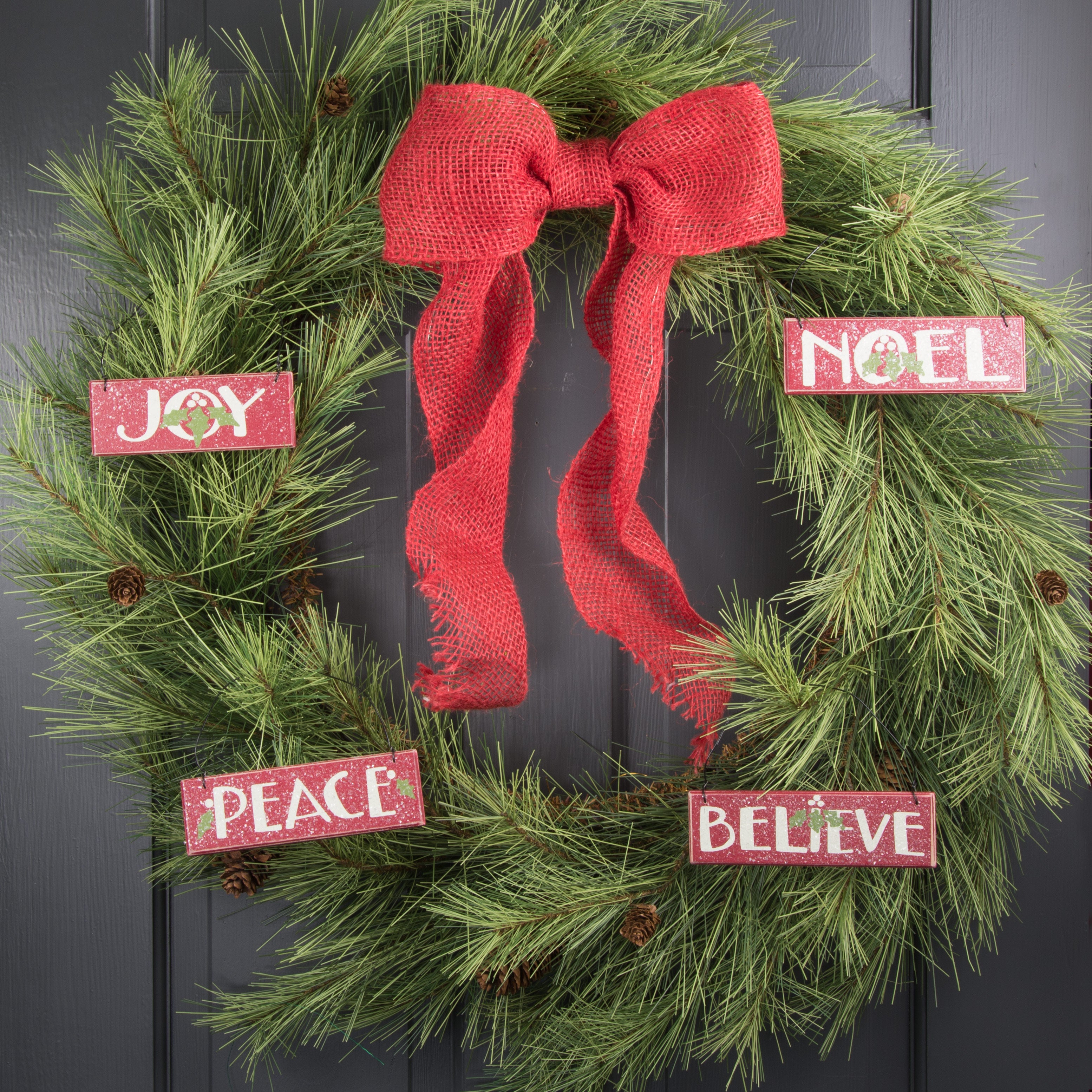 5" Red Slat Ornaments: Peace, Joy, Noel, Believe (Set of 4) Lifestyle Photo