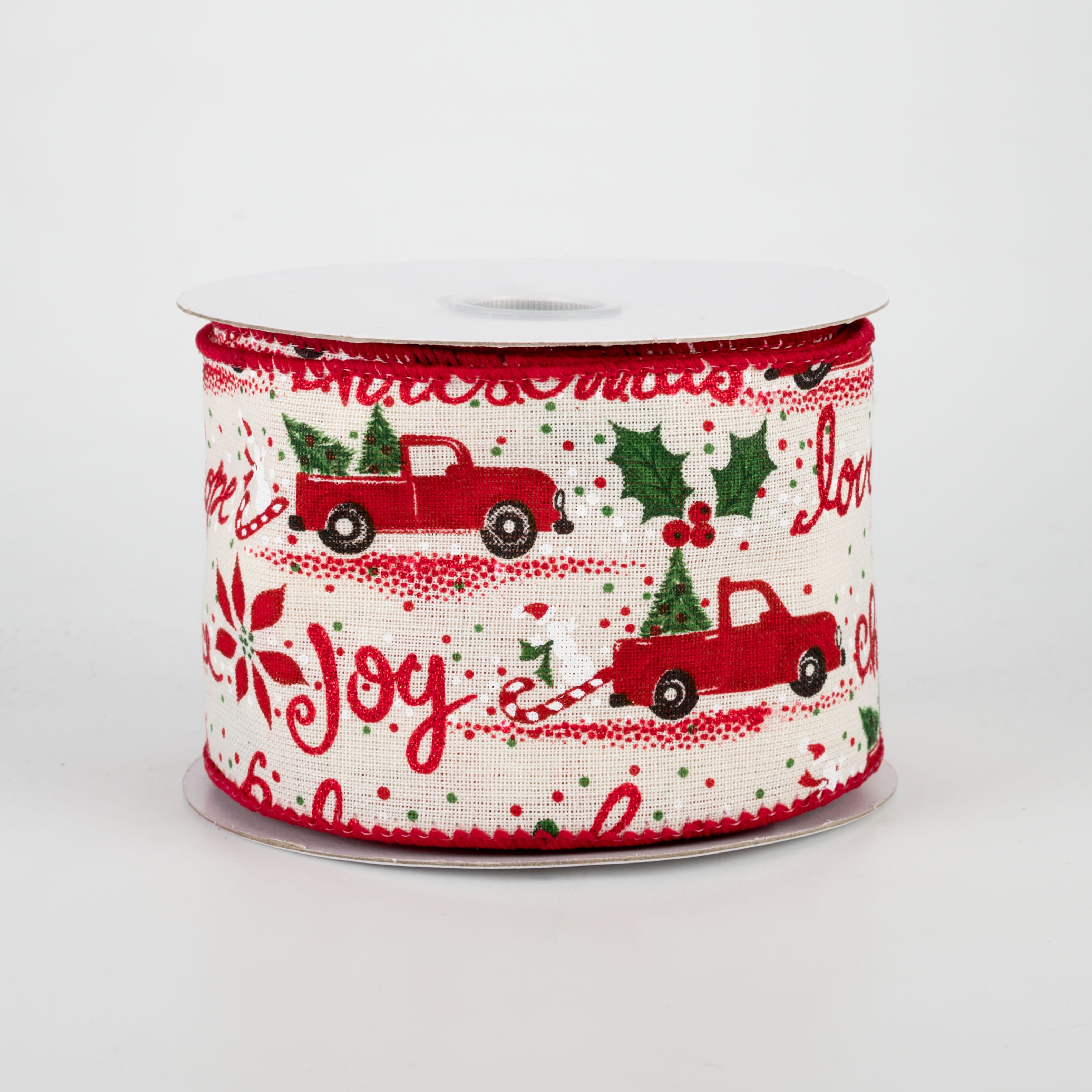 2.5" Red Truck & Script Ribbon: Ivory (10 Yards)