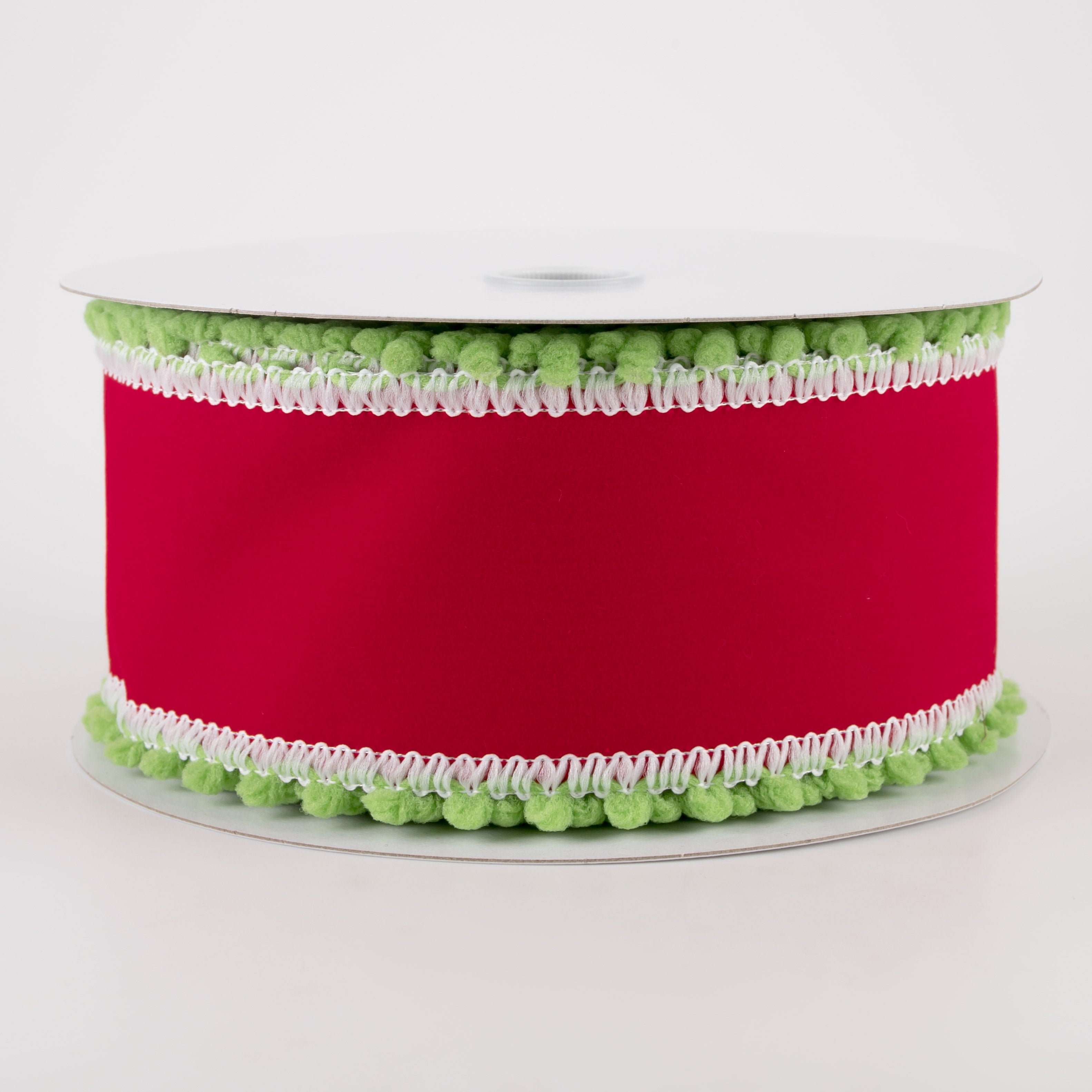 2.5" Red Velvet with Green Ball Edge Ribbon (10 Yards)